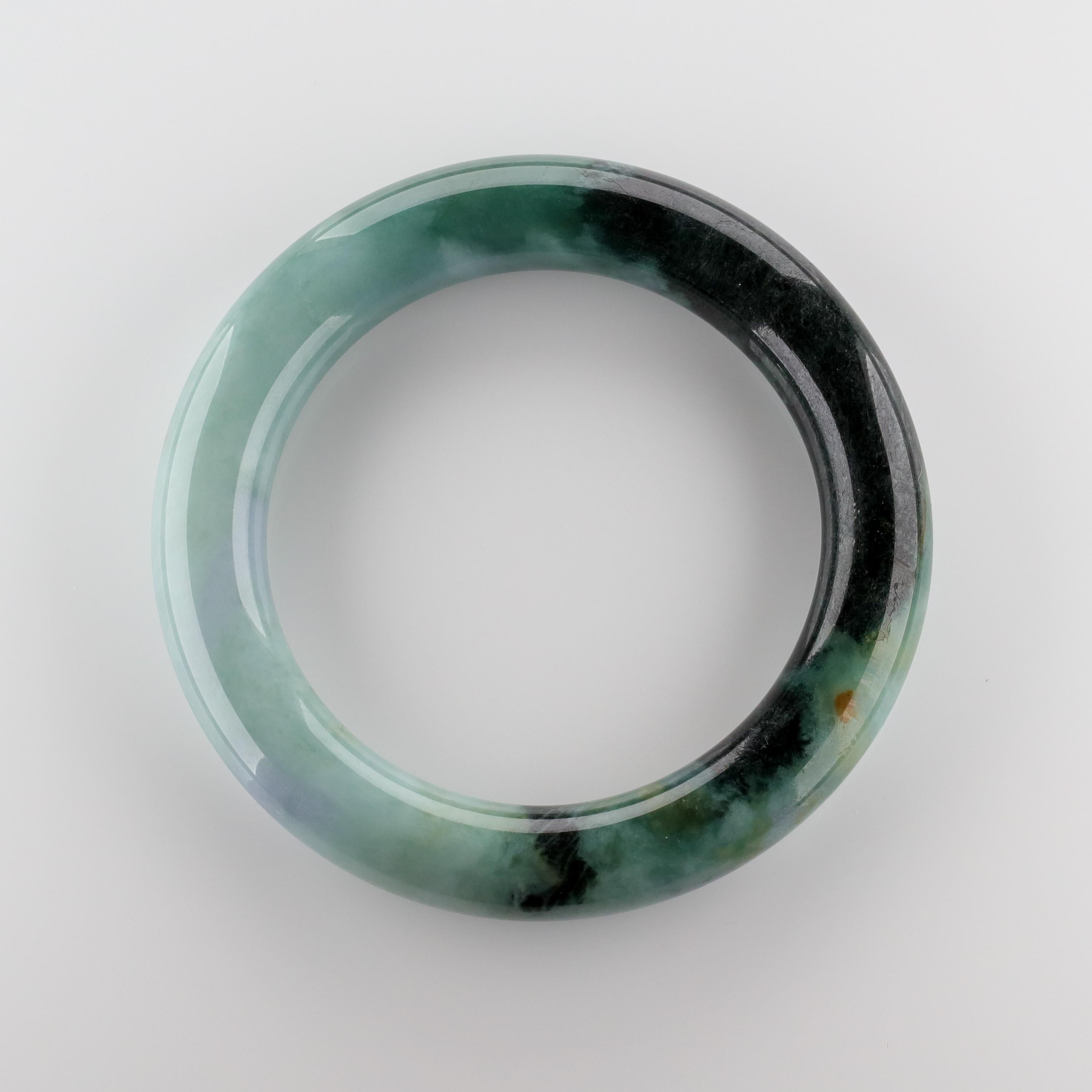 Artisan Large Blueish Green and Black Jade Bangle Certified Untreated