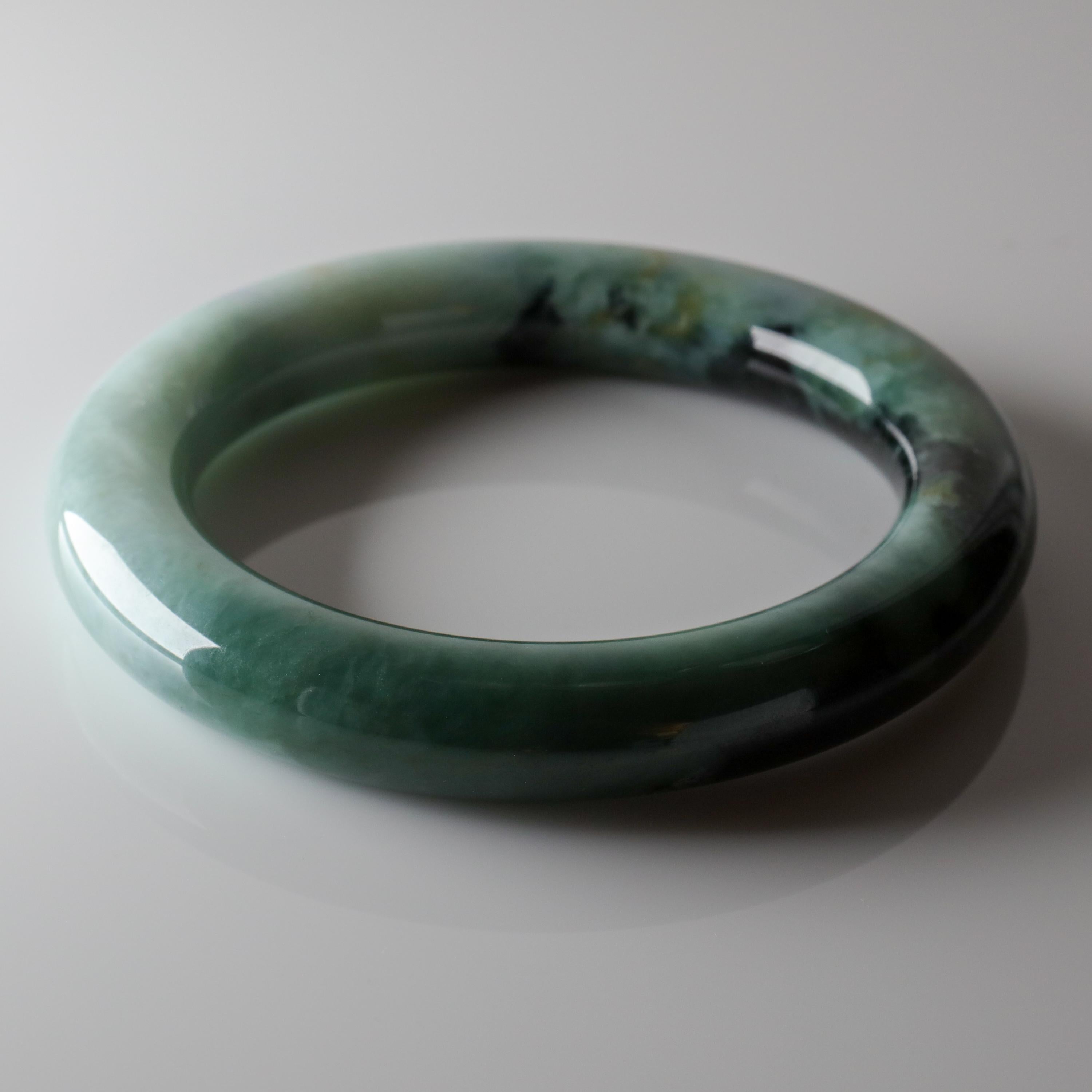 Large Blueish Green and Black Jade Bangle Certified Untreated 1