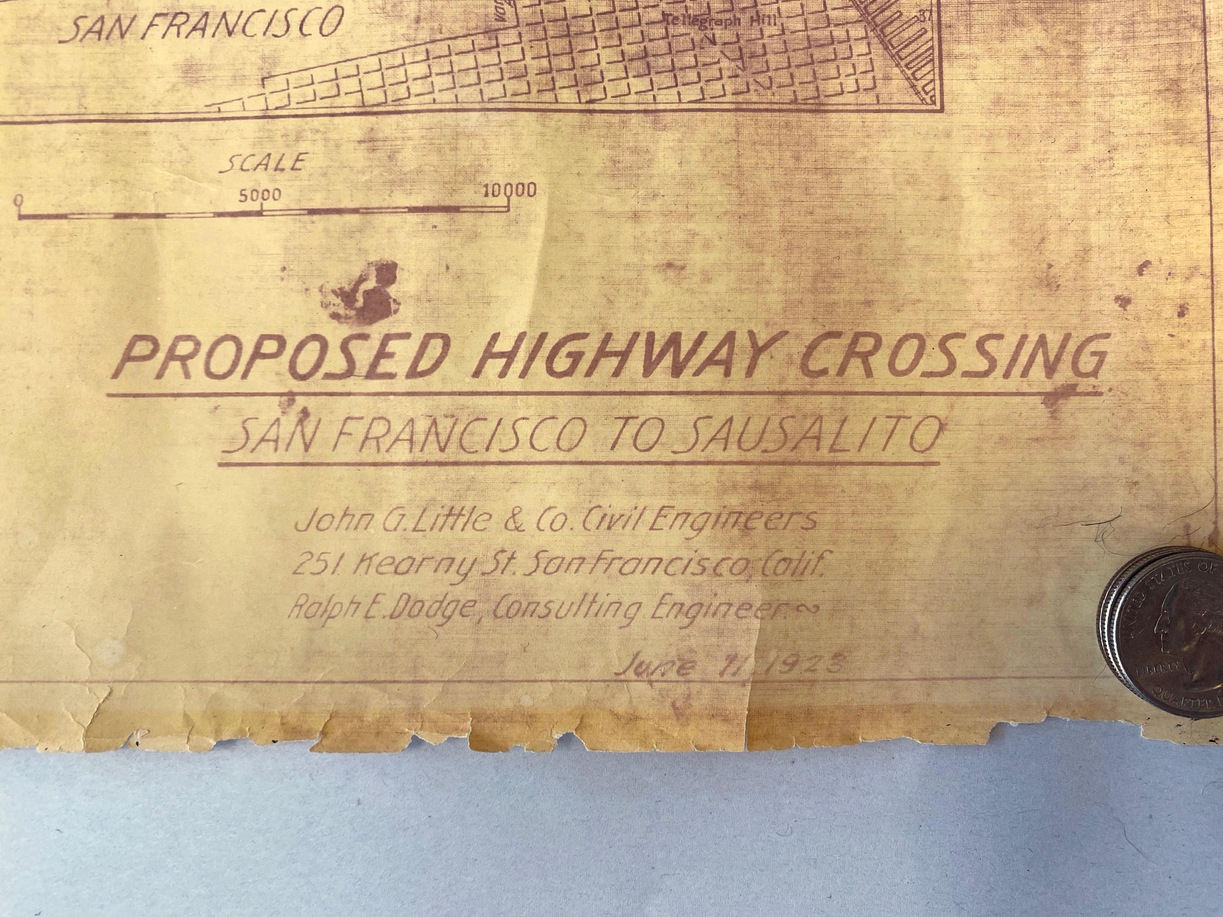 American XL Blueprint Copy of “Proposed Golden Gate Bridge Crossing of San Francisco” For Sale