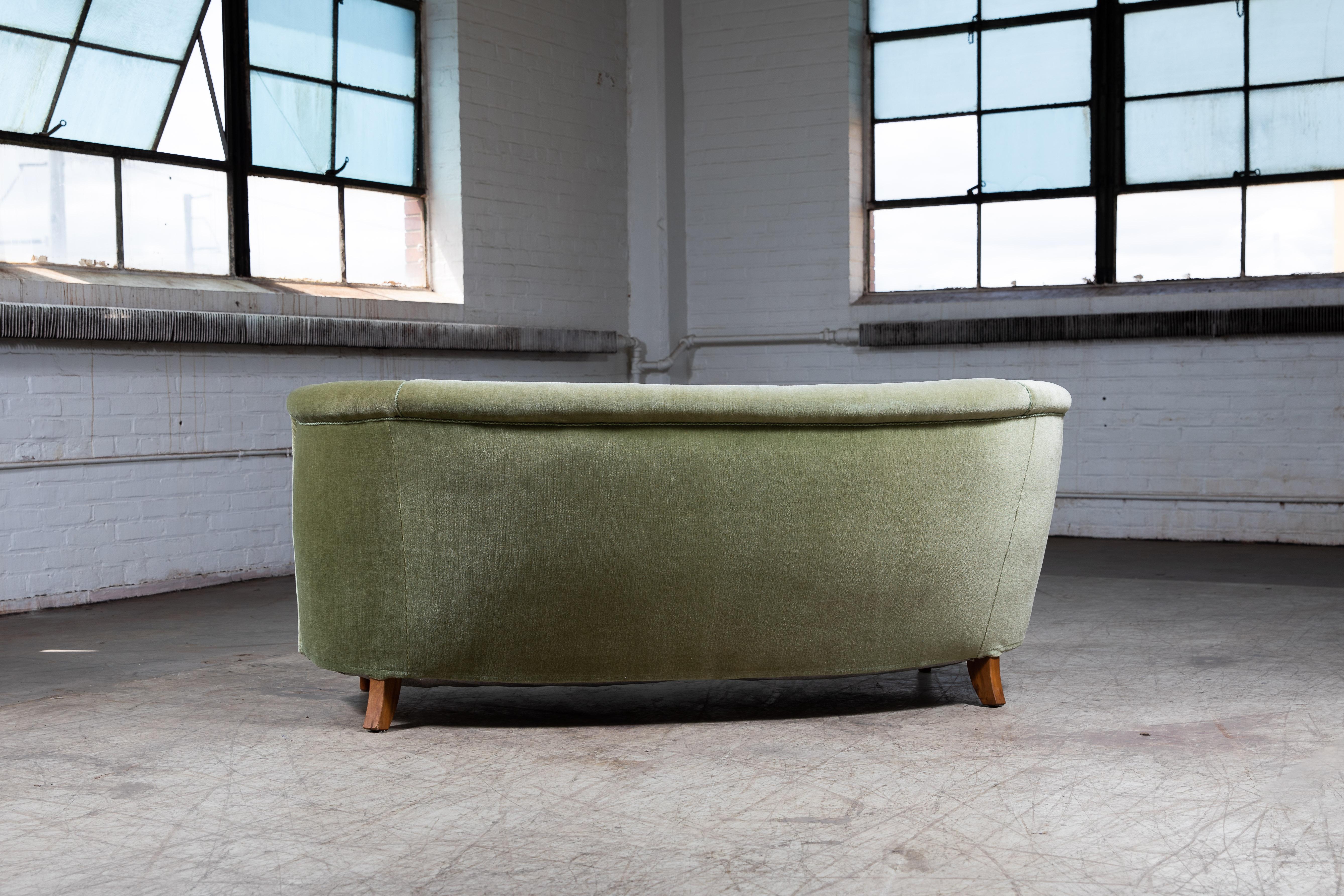 Danish Large Boesen Style Curved Sofa in Original Green Mohair Denmark, 1940s
