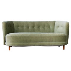 Large Boesen Style Curved Sofa in Original Green Mohair Denmark, 1940s