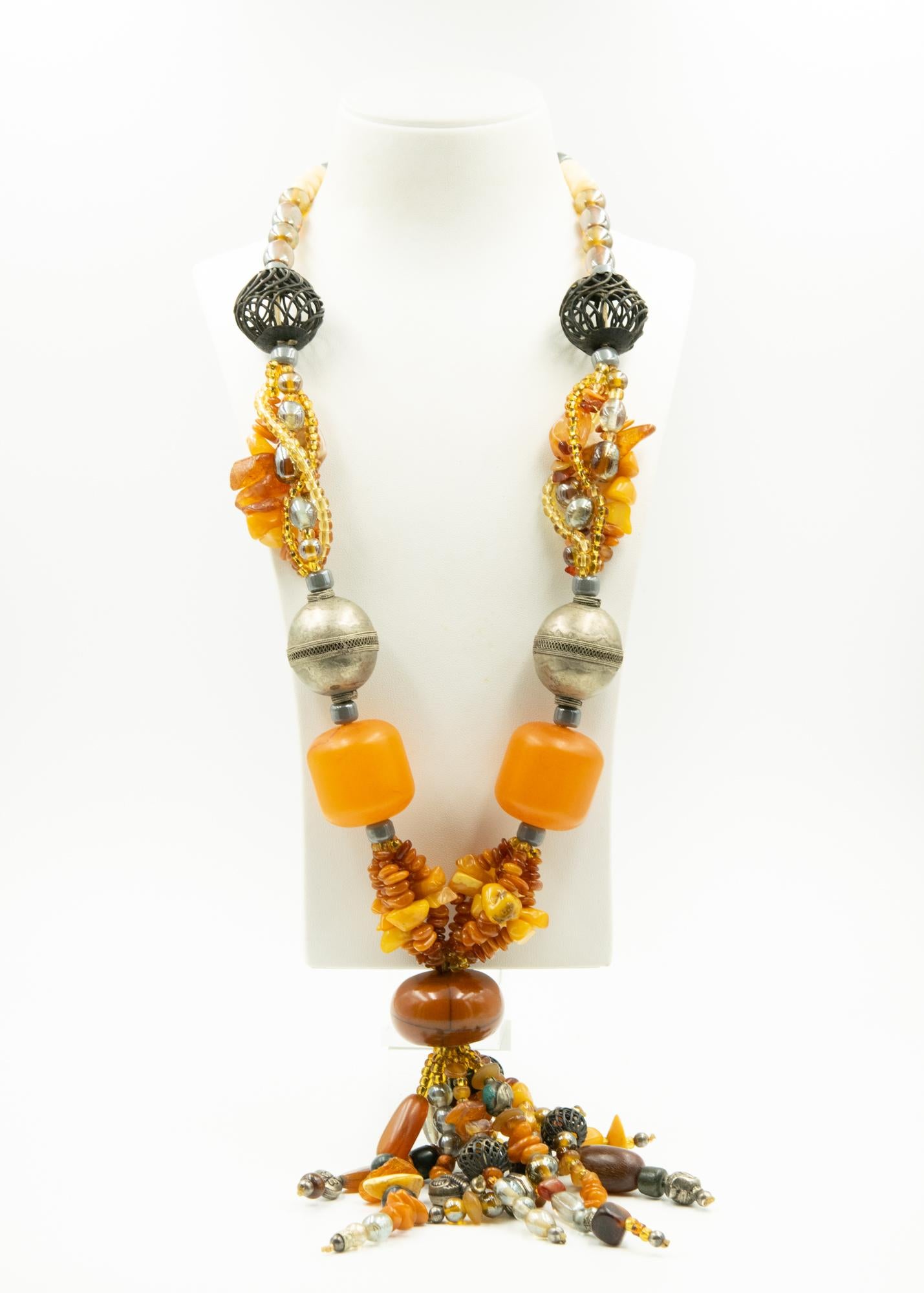 Large Bohemian Amber Wood Glass Bone Statement Tassel Necklace For Sale 4