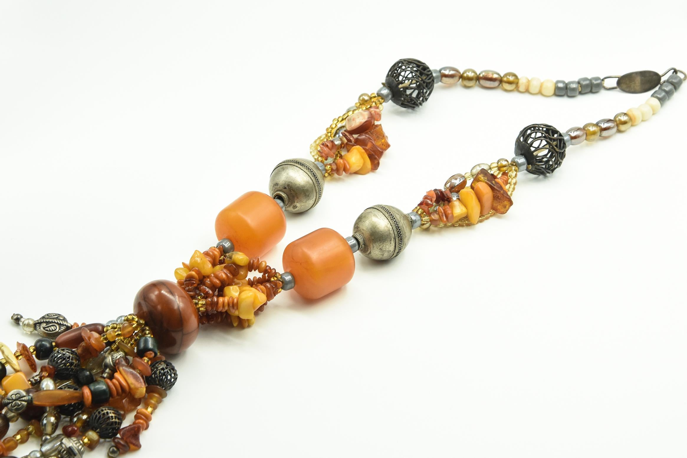 Large Bohemian Amber Wood Glass Bone Statement Tassel Necklace For Sale 6