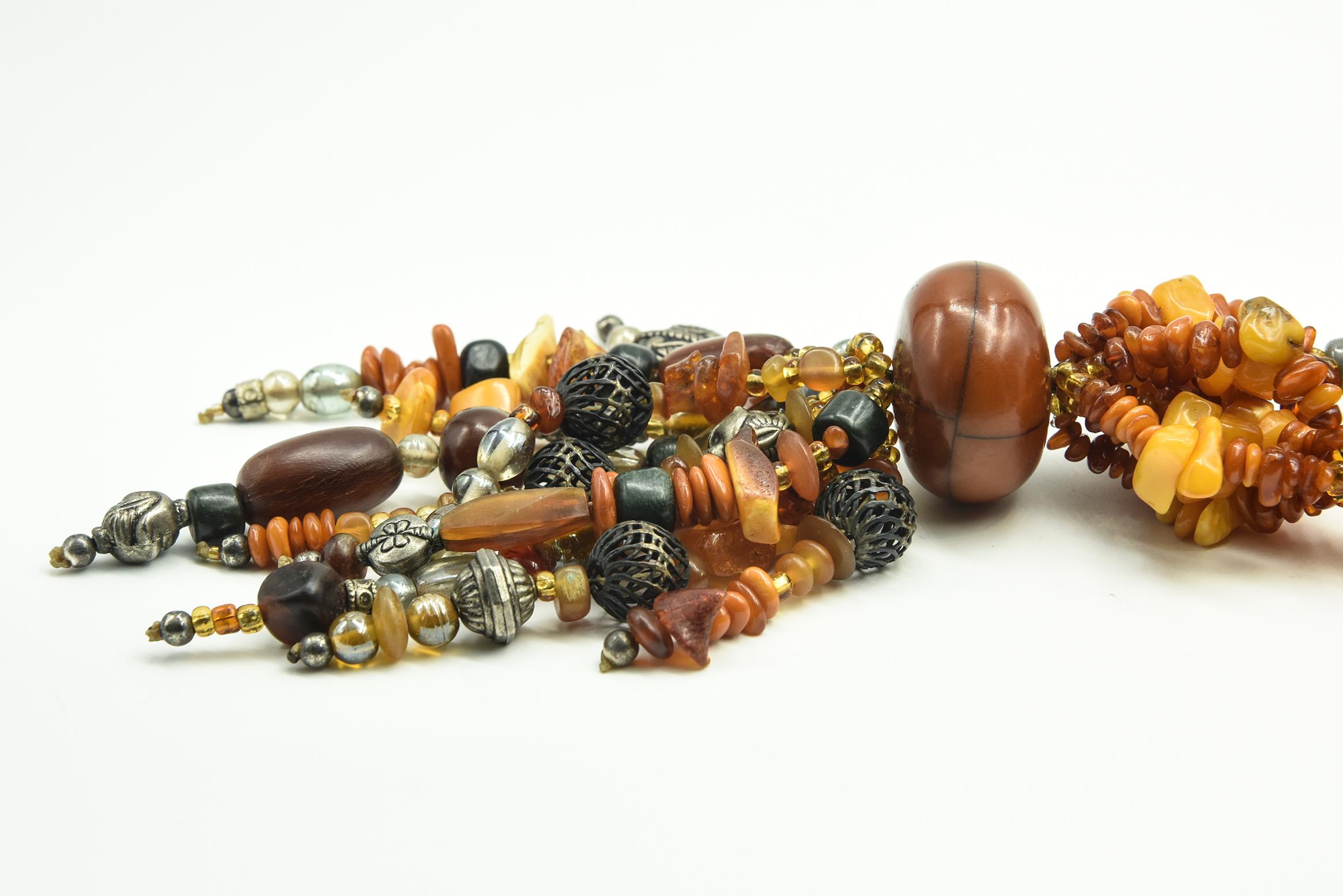 Large Bohemian Amber Wood Glass Bone Statement Tassel Necklace For Sale 8
