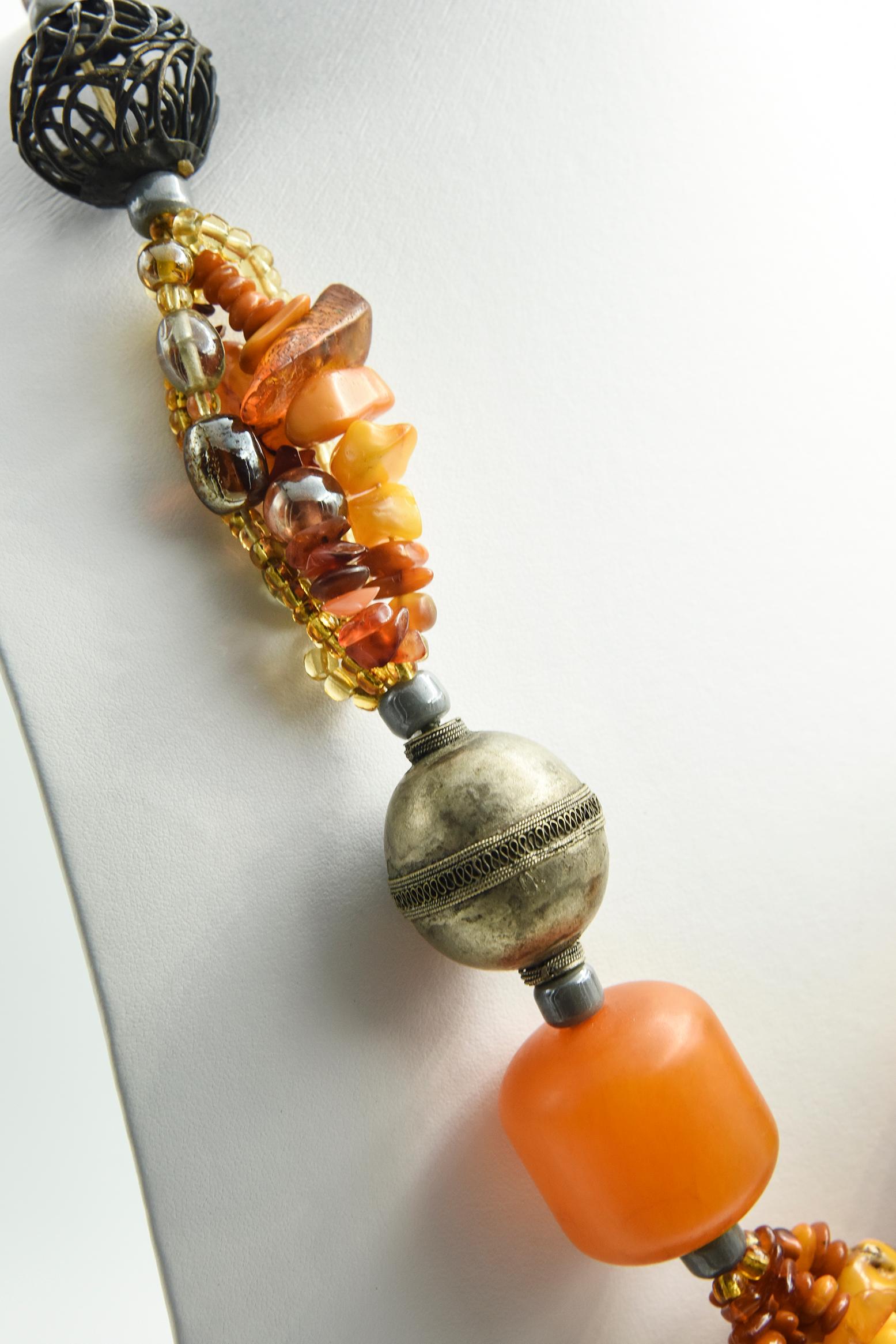 Large Bohemian Amber Wood Glass Bone Statement Tassel Necklace For Sale 11