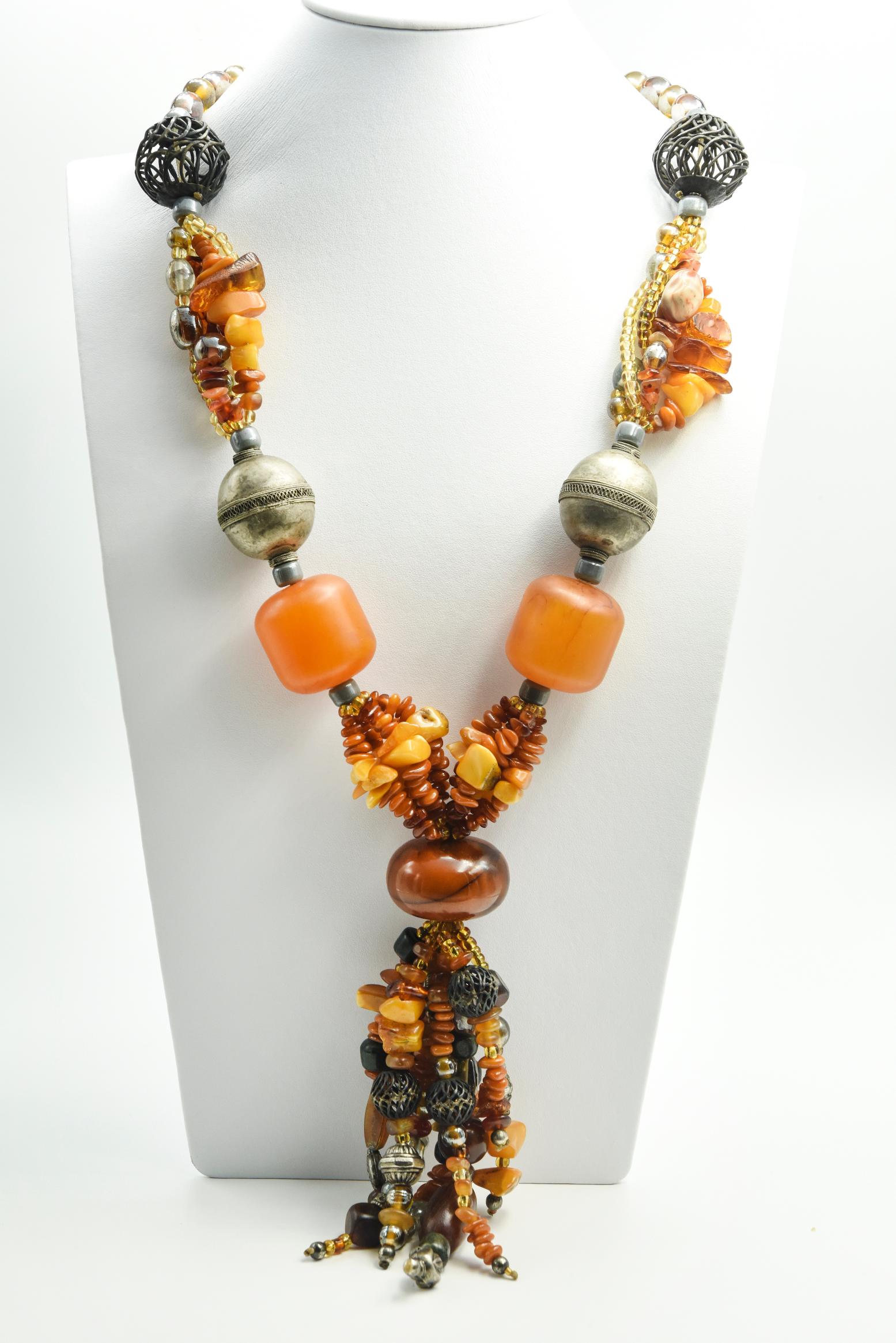 Large Bohemian Amber Wood Glass Bone Statement Tassel Necklace For Sale 12