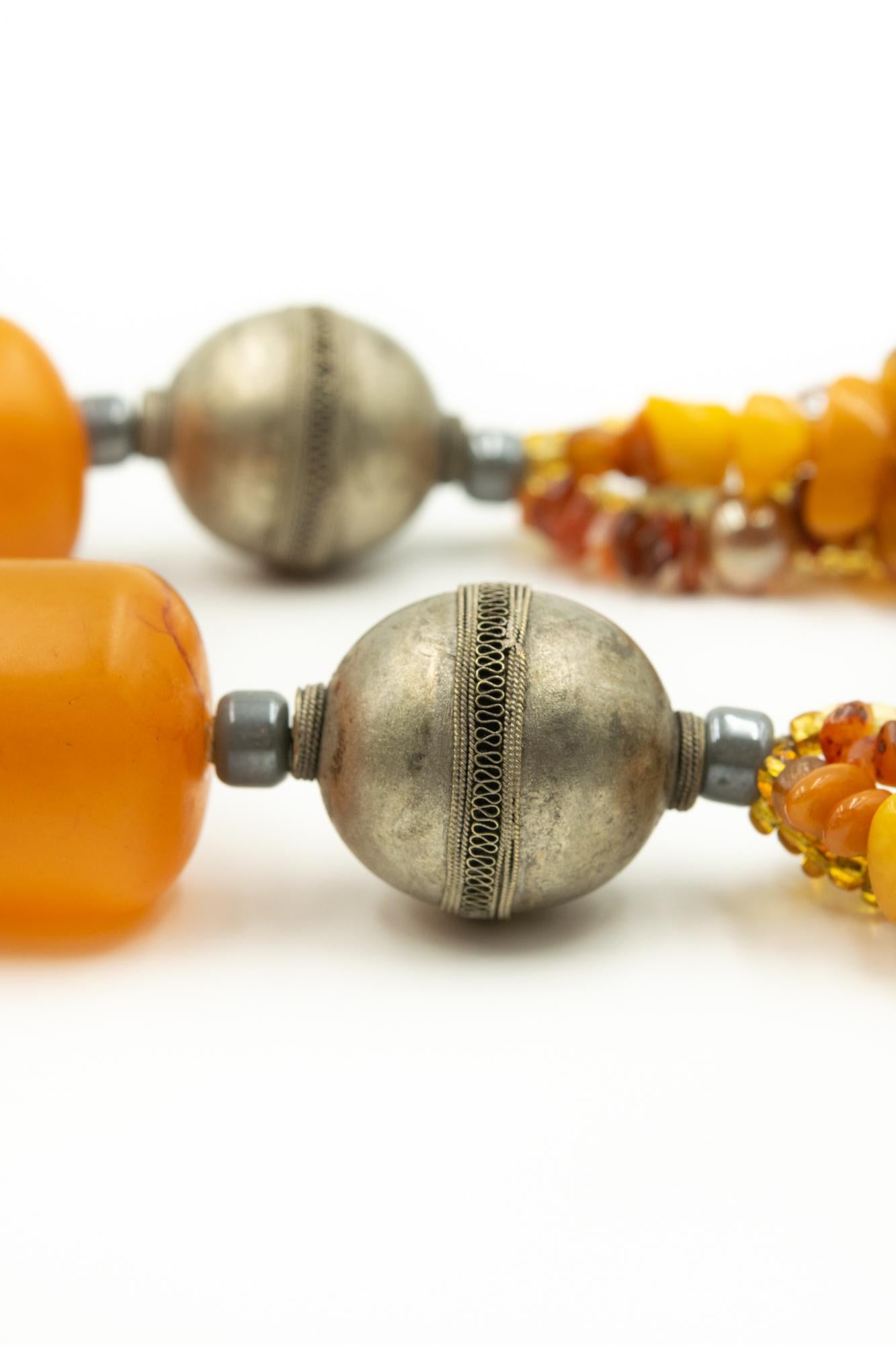 Mixed Cut Large Bohemian Amber Wood Glass Bone Statement Tassel Necklace For Sale