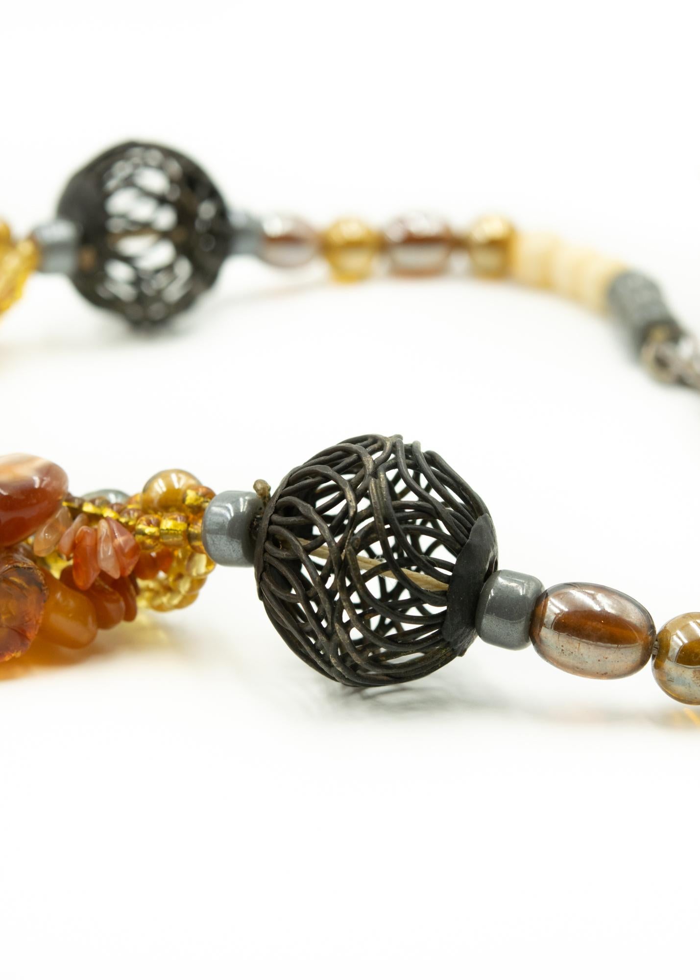 Women's or Men's Large Bohemian Amber Wood Glass Bone Statement Tassel Necklace For Sale