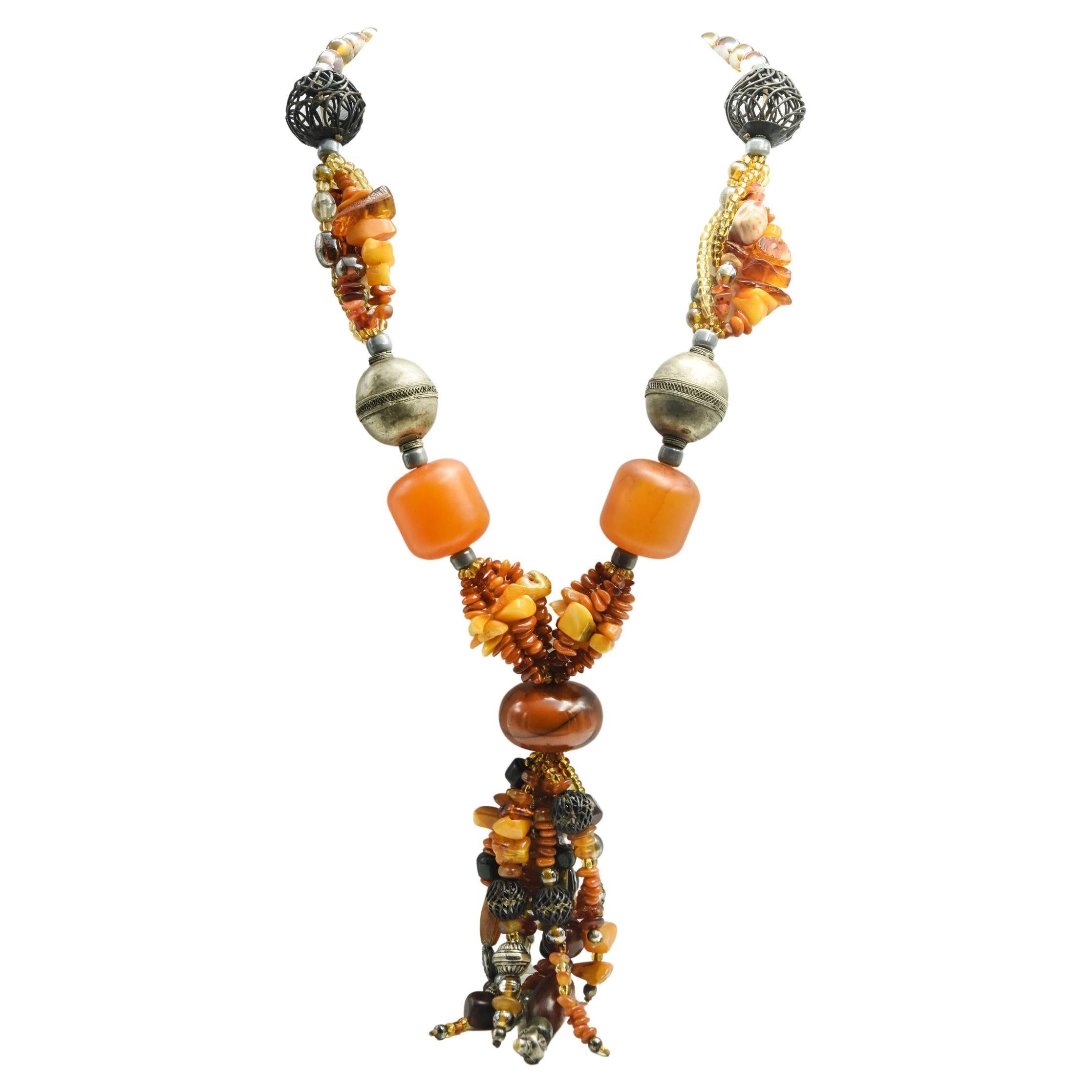 Large Bohemian Amber Wood Glass Bone Statement Tassel Necklace For Sale