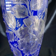 Large Bohemian Blue Overlay Glass Vase, Superbly Cut with Flowers, circa 1880