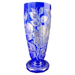 Large Bohemian Blue Overlay Glass Vase, Superbly Cut with Flowers, circa 1880