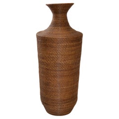 Large Bohemian Brown Reed Cane Bamboo Handcrafted Tall Cone Shape Floor Vase 70s