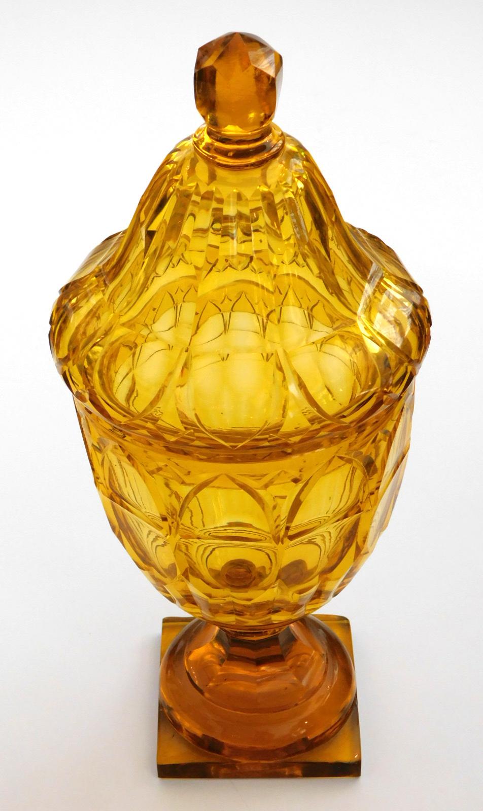 Large Bohemian Cut Crystal Amber-Colored Covered Jar 4