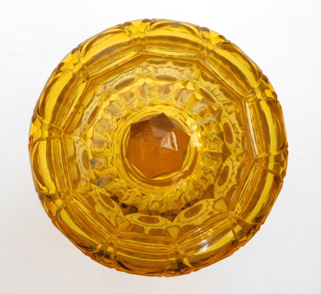 Czech Large Bohemian Cut Crystal Amber-Colored Covered Jar