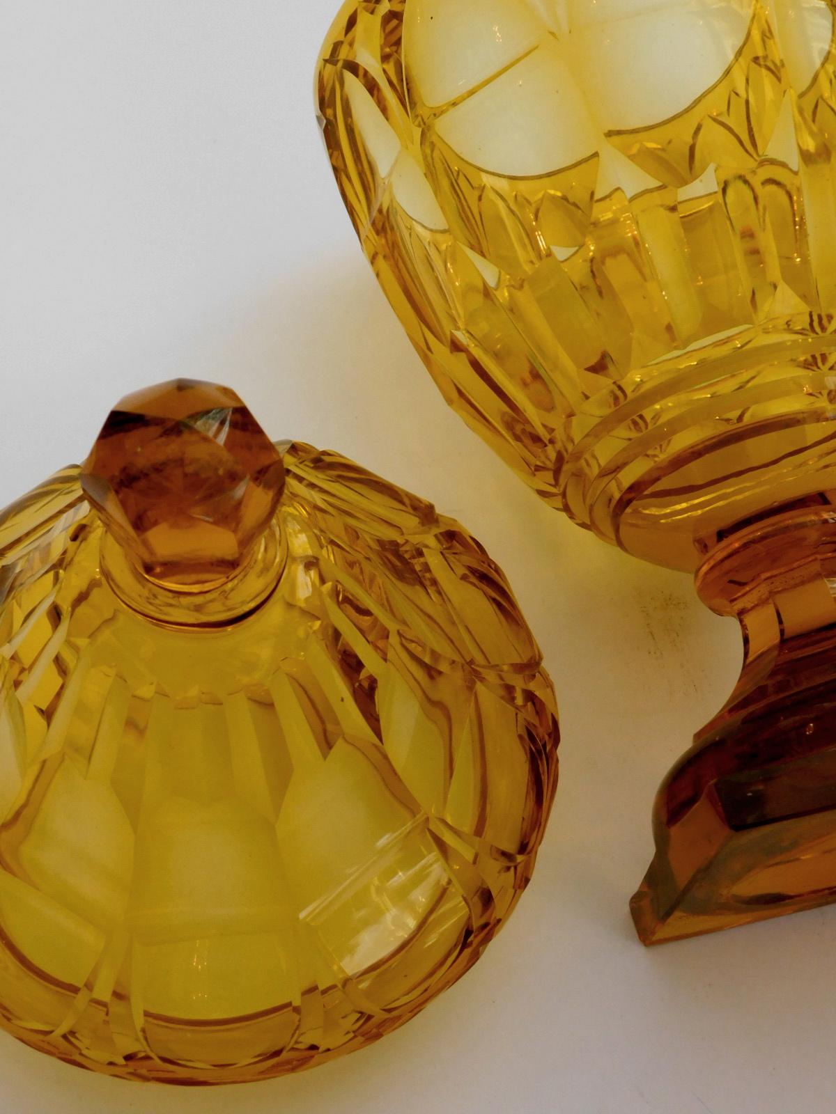 Carved Large Bohemian Cut Crystal Amber-Colored Covered Jar