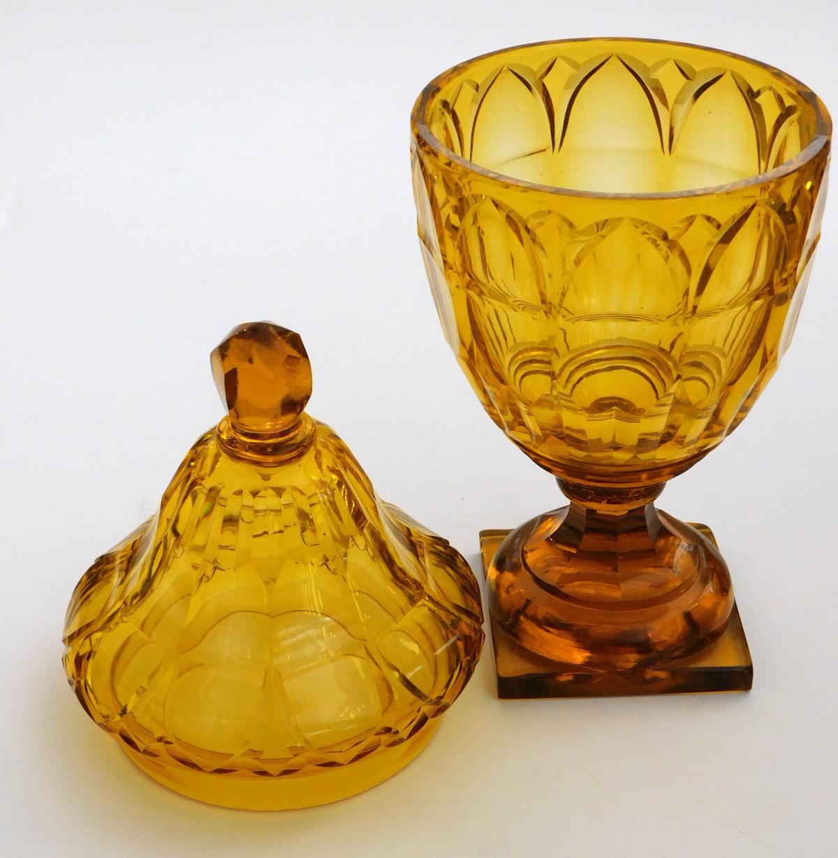 Large Bohemian Cut Crystal Amber-Colored Covered Jar In Good Condition In San Francisco, CA