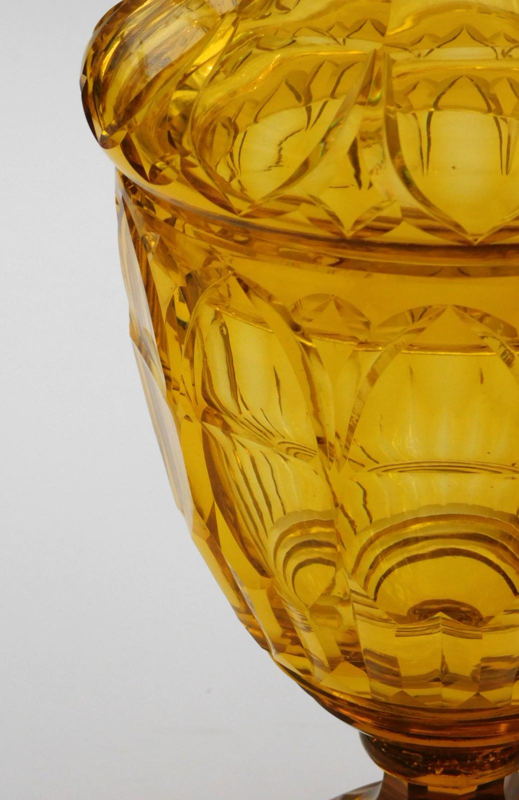 Mid-20th Century Large Bohemian Cut Crystal Amber-Colored Covered Jar