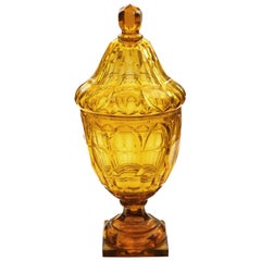 Large Bohemian Cut Crystal Amber-Colored Covered Jar