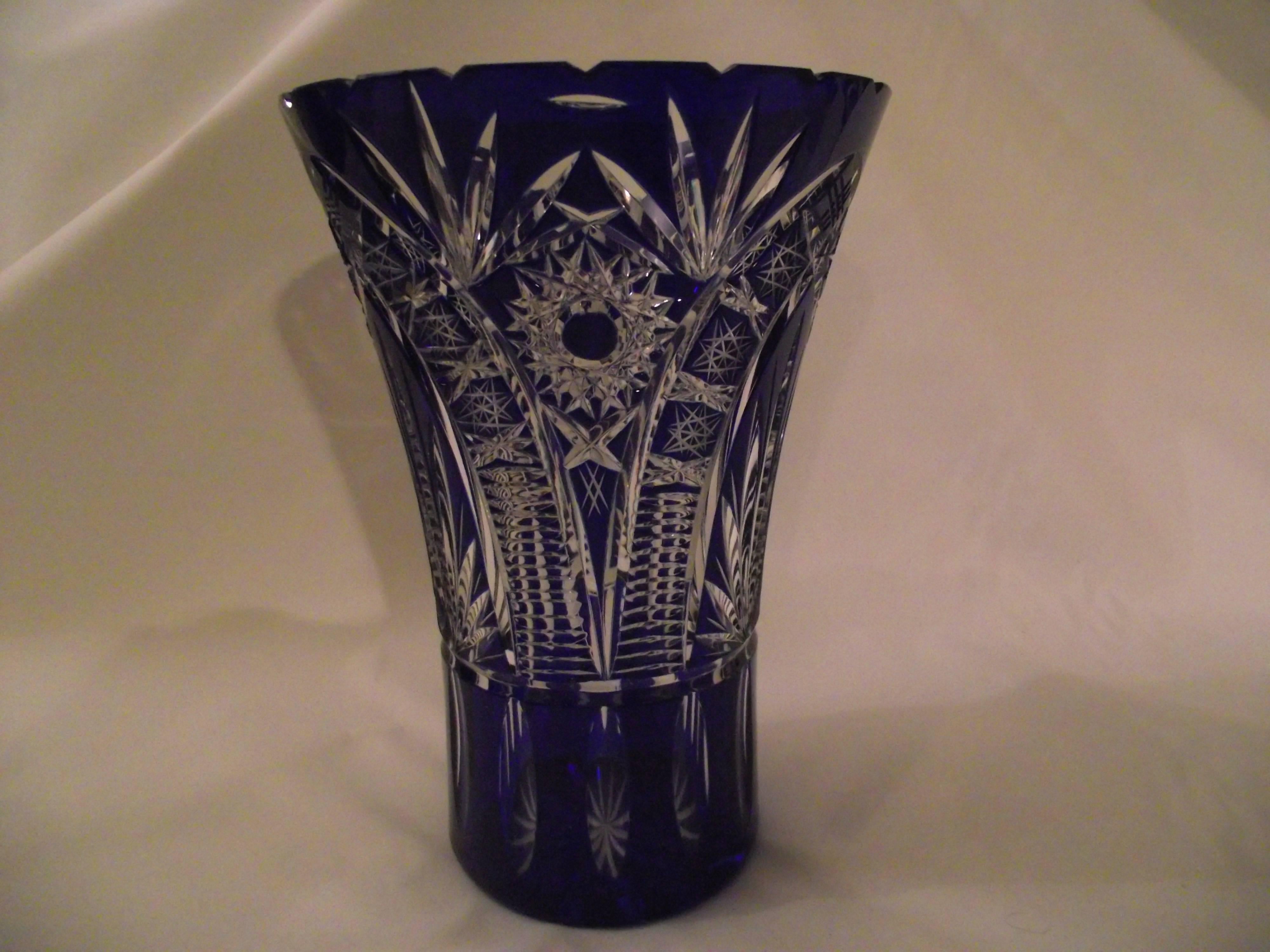 Czech Large Bohemian Cut Crystal Vase, Blue Cut to Clear