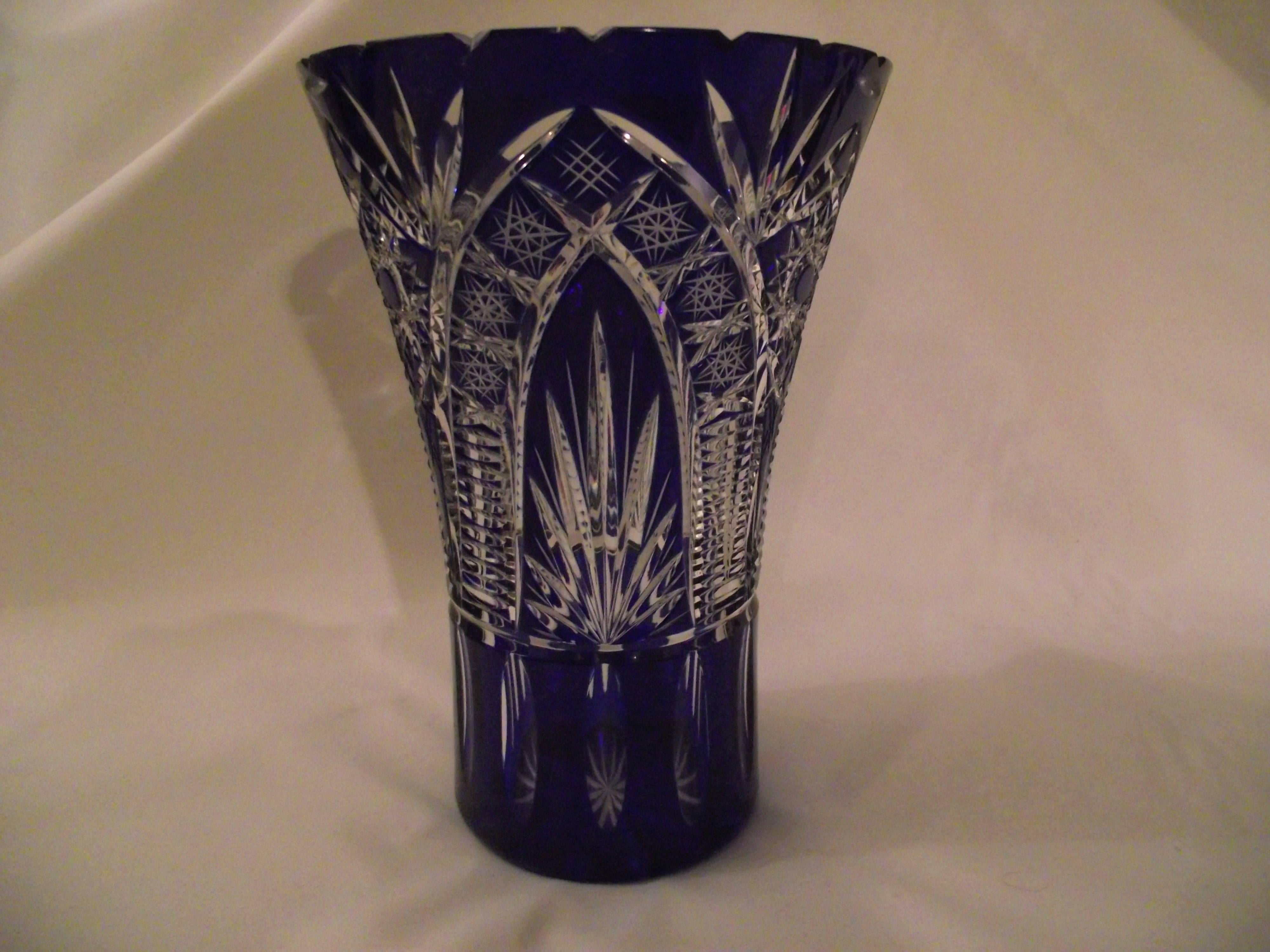 Hand-Crafted Large Bohemian Cut Crystal Vase, Blue Cut to Clear