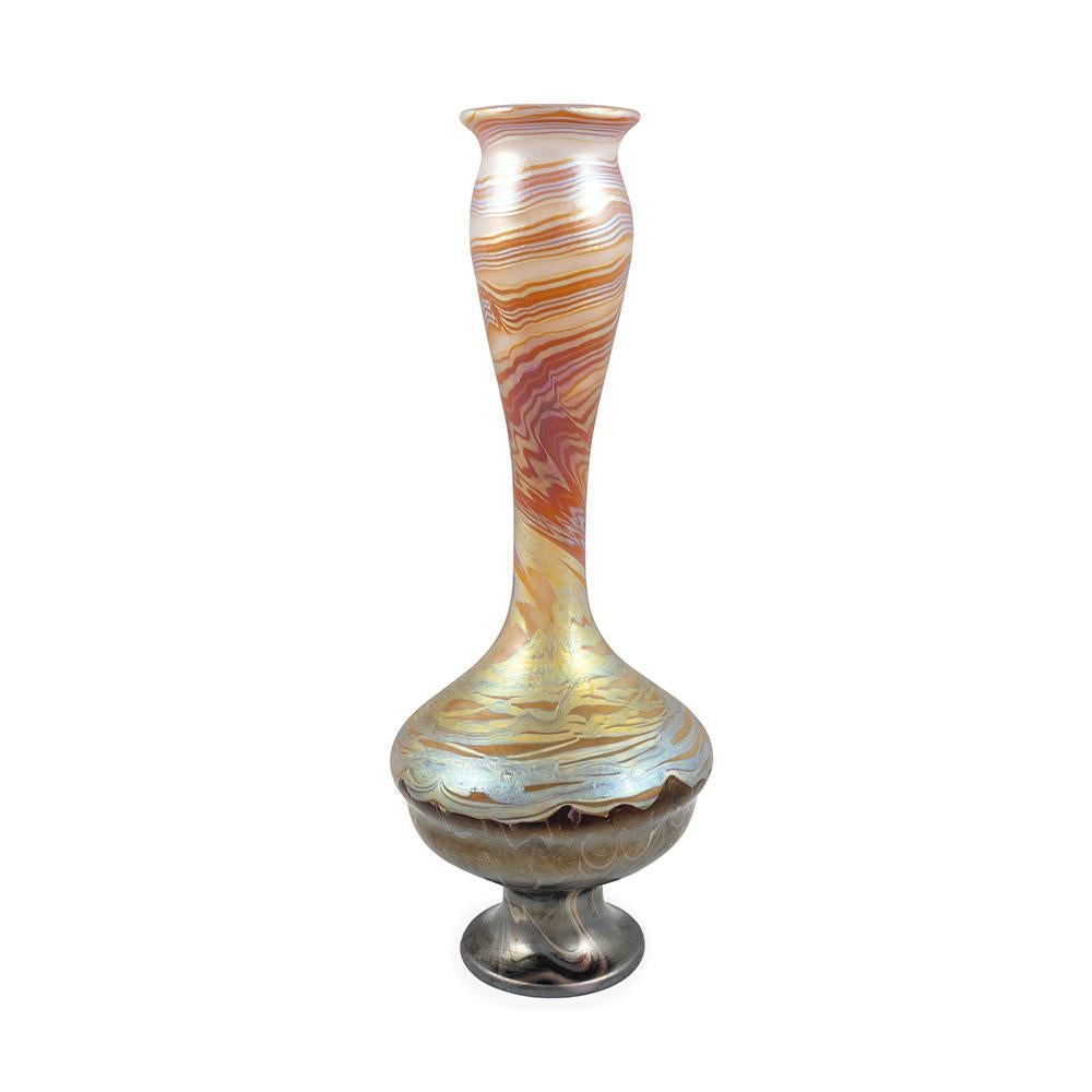 Grand vase en verre de Bohême Décoration Loetz PG 387 vers 1900 Orange Brown Gold  en vente