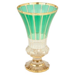 Large Bohemian Green Clear Cut Gilt Glass Flower Decorative Vase Goblet