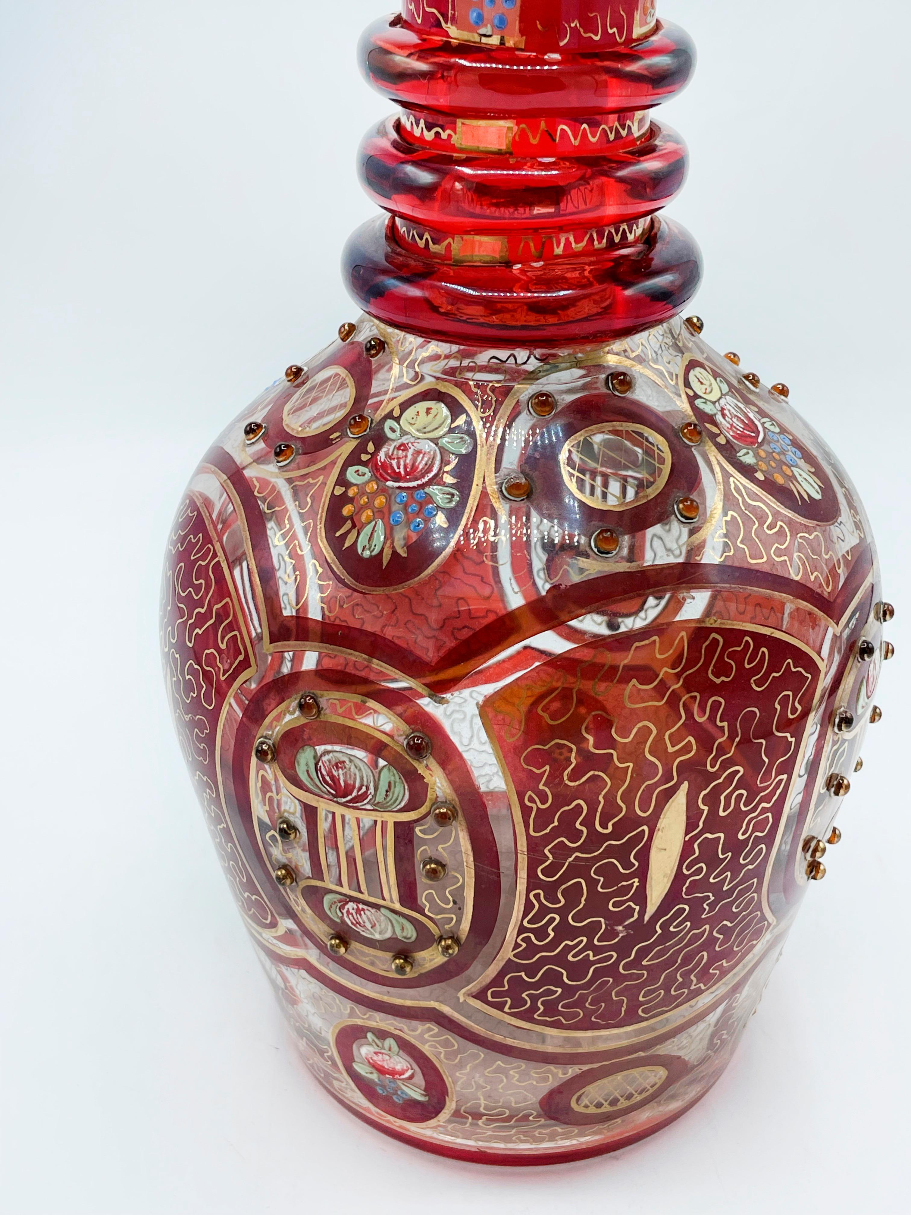 Italian Large Bohemian in crystal, Enamelled and Cut Red Overlay Glass