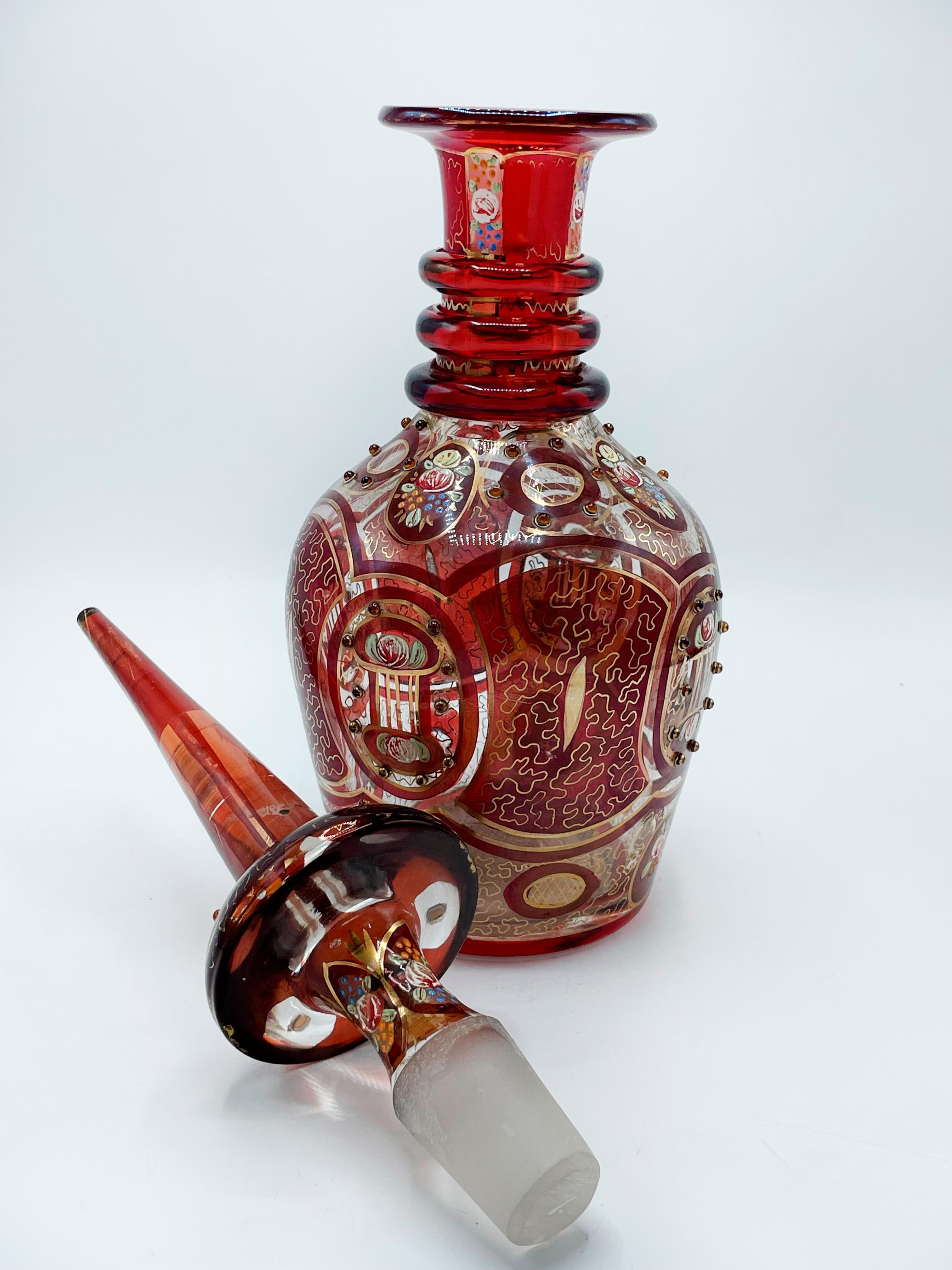 Enameled Large Bohemian in crystal, Enamelled and Cut Red Overlay Glass