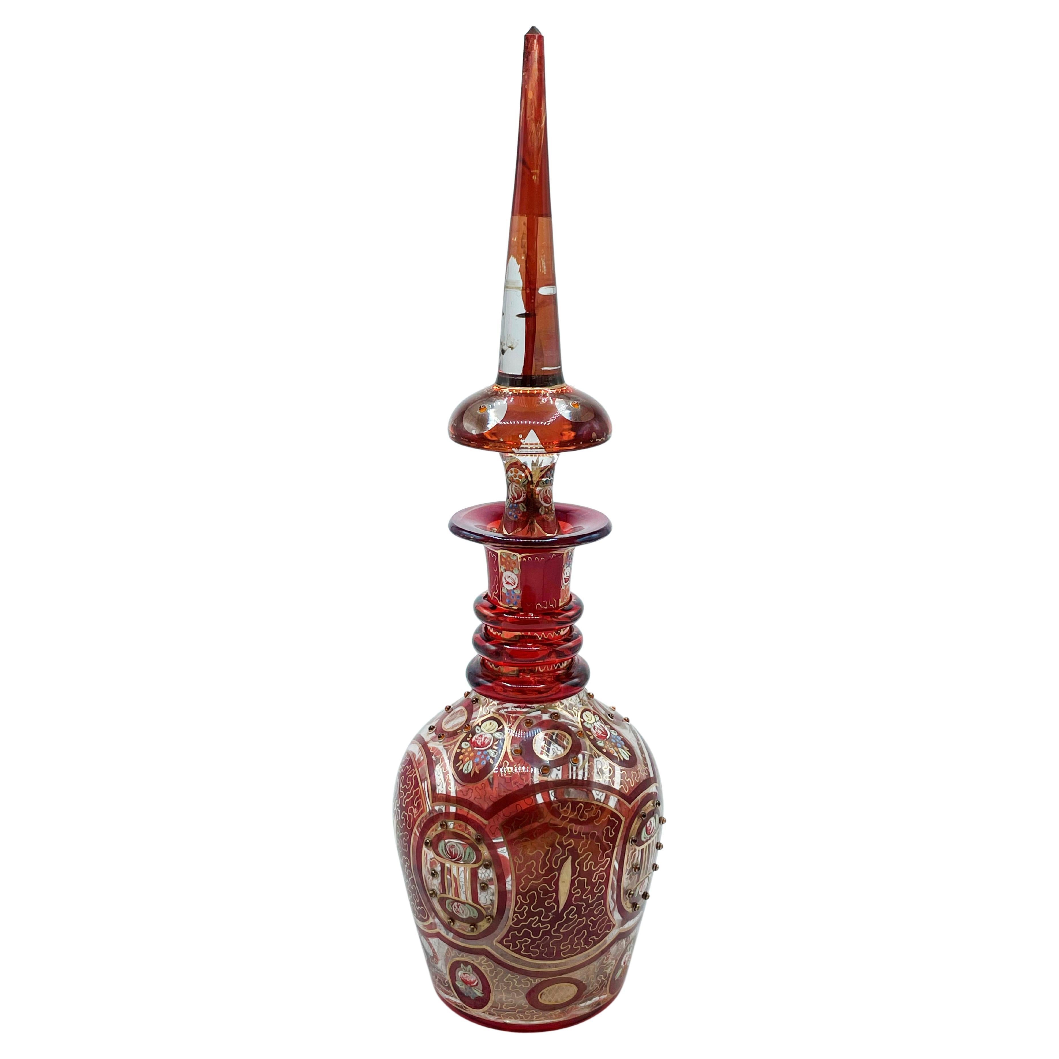 Large Bohemian in crystal, Enamelled and Cut Red Overlay Glass