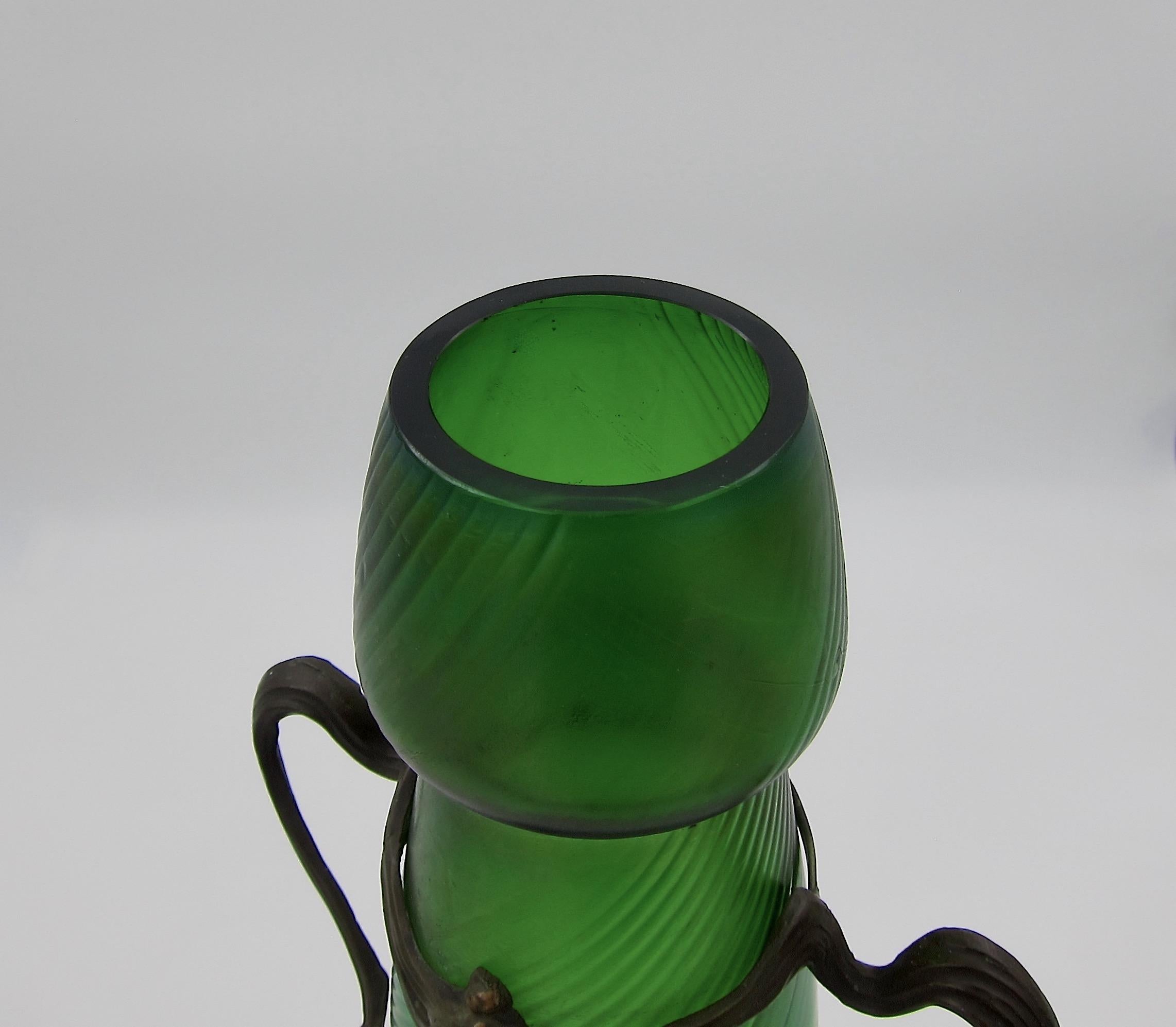 Large Bohemian Iridescent Green Art Glass Vase with Art Nouveau Metal Mounts 4