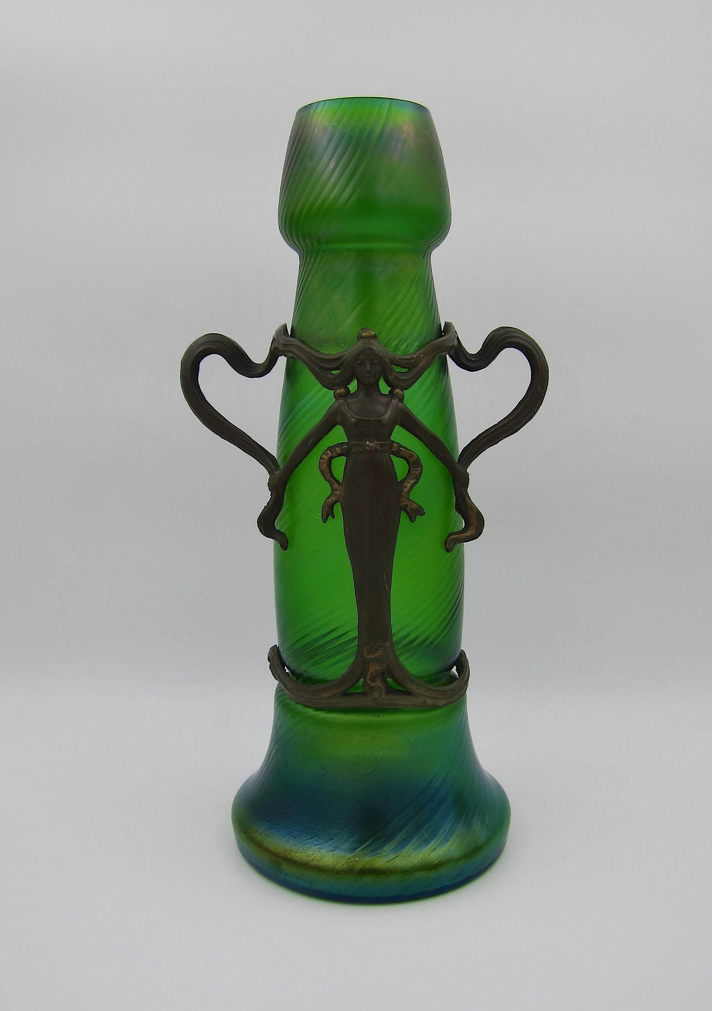 Large Bohemian Iridescent Green Art Glass Vase with Art Nouveau Metal Mounts 6