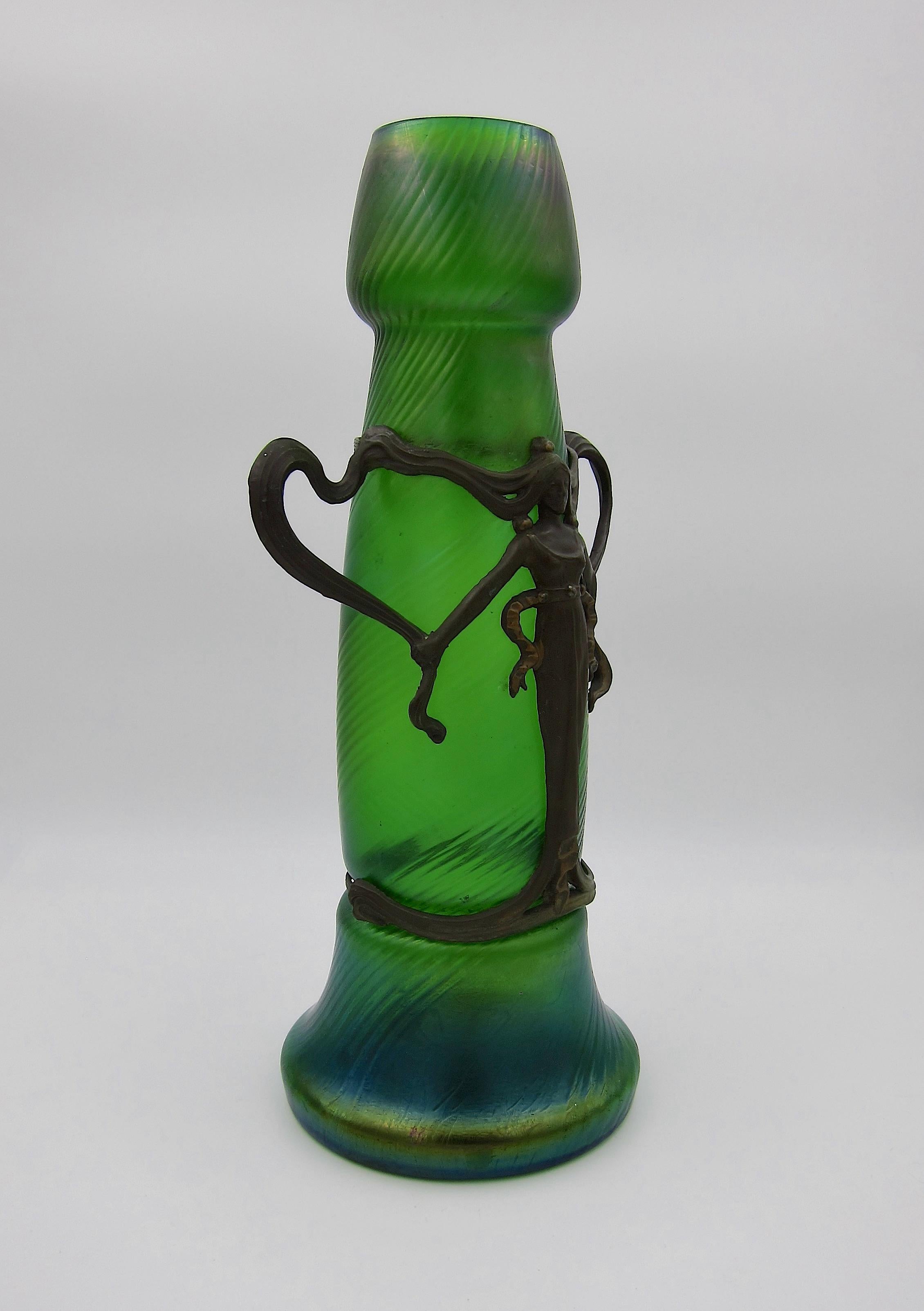 Large Bohemian Iridescent Green Art Glass Vase with Art Nouveau Metal Mounts 7