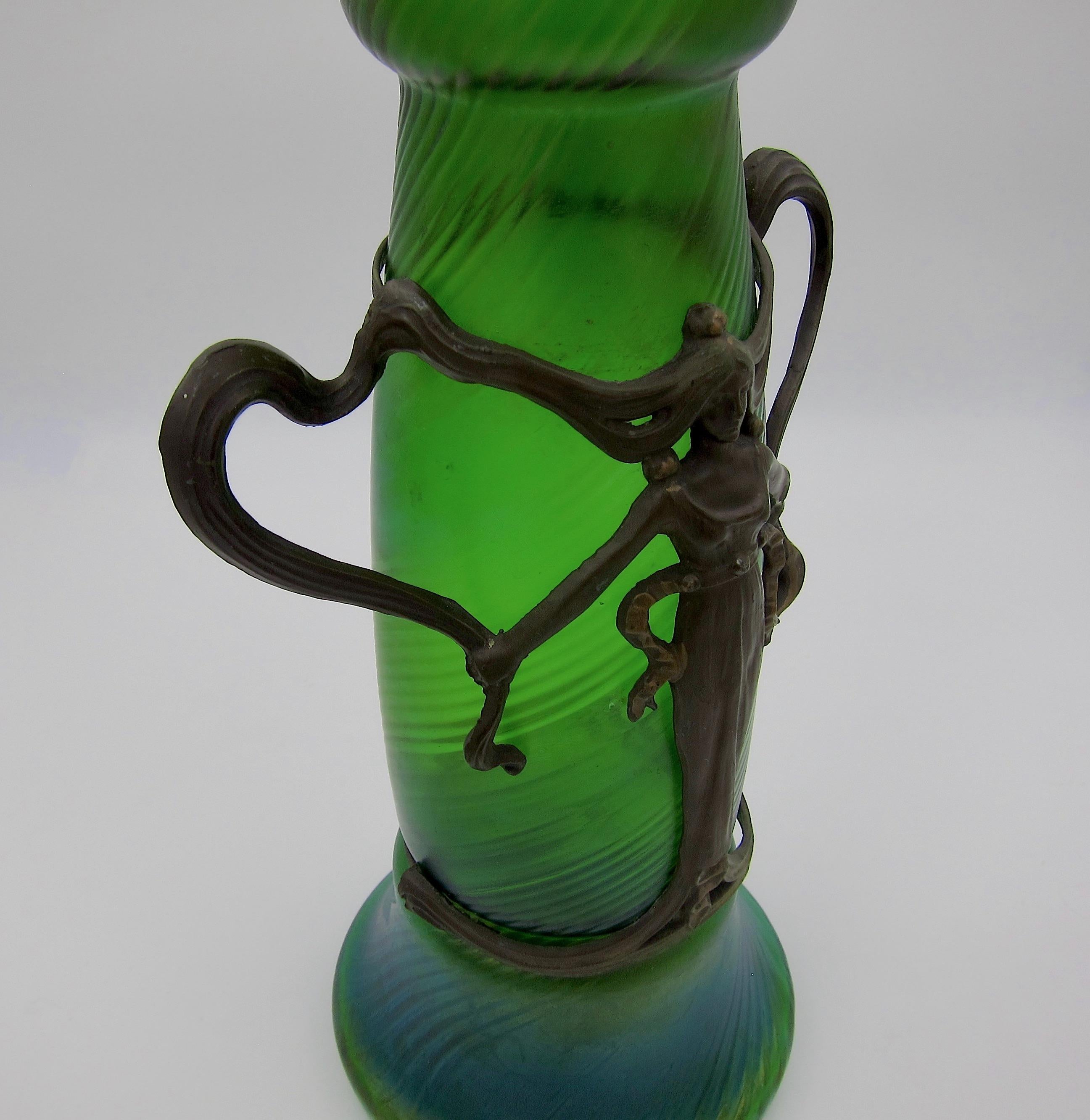 Large Bohemian Iridescent Green Art Glass Vase with Art Nouveau Metal Mounts 8