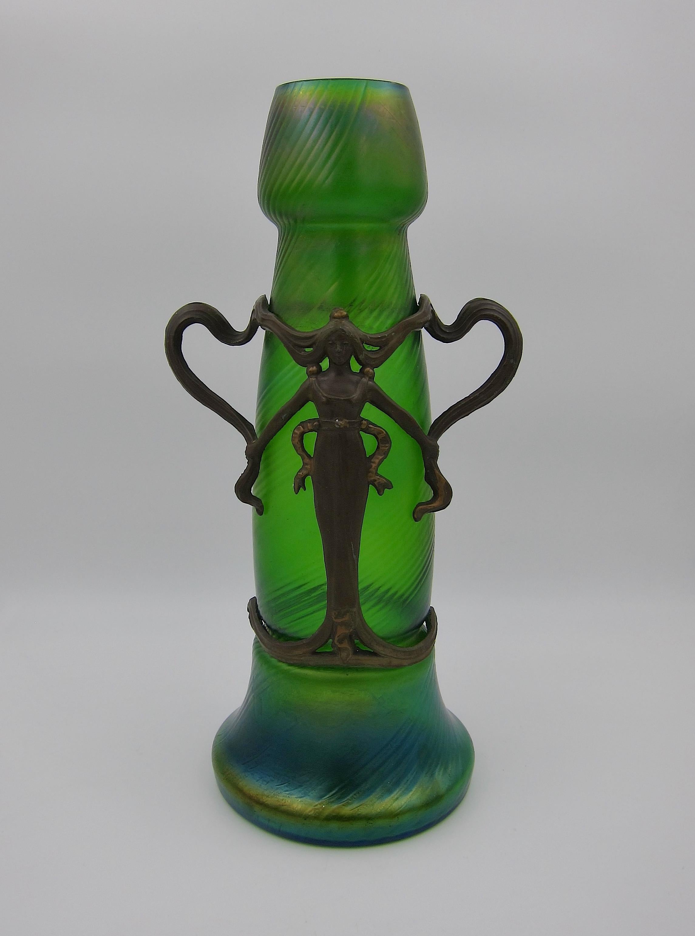 Large Bohemian Iridescent Green Art Glass Vase with Art Nouveau Metal Mounts 9