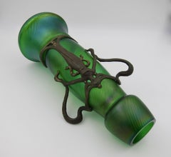 Large Bohemian Iridescent Green Art Glass Vase with Art Nouveau Metal Mounts