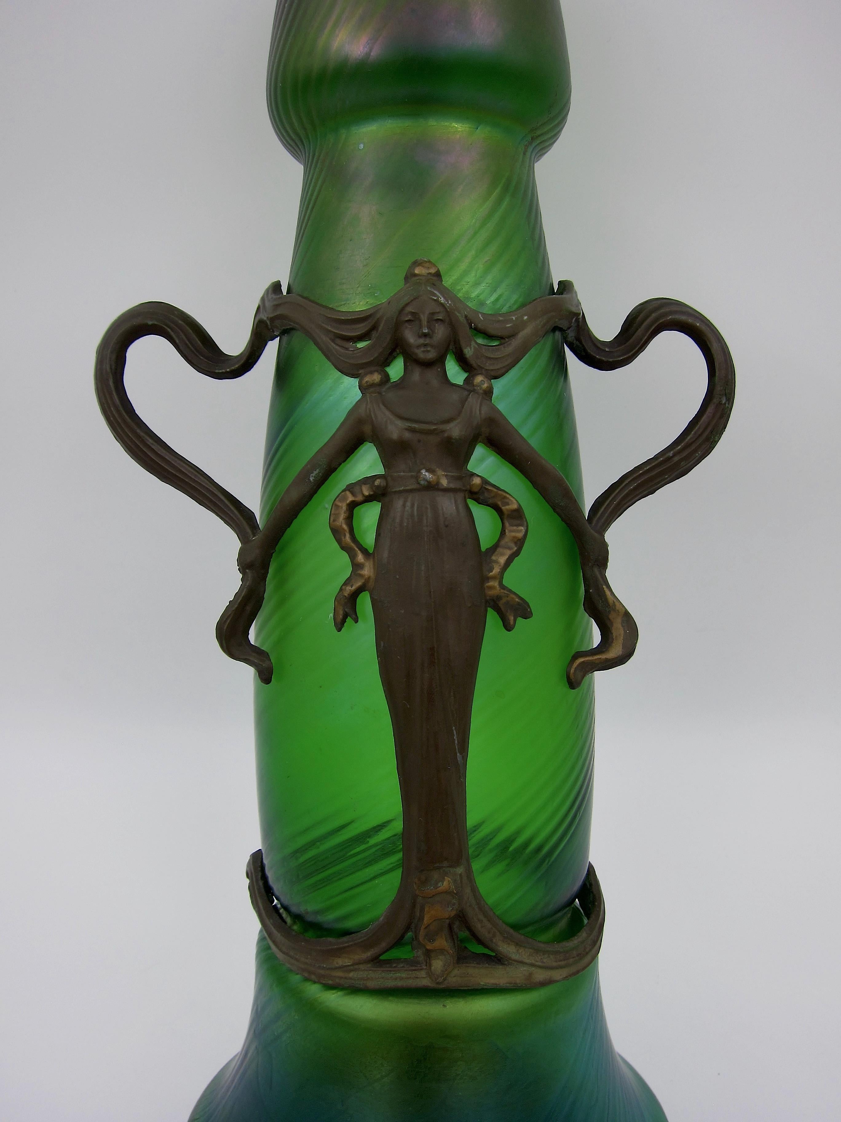 Patinated Large Bohemian Iridescent Green Art Glass Vase with Art Nouveau Metal Mounts