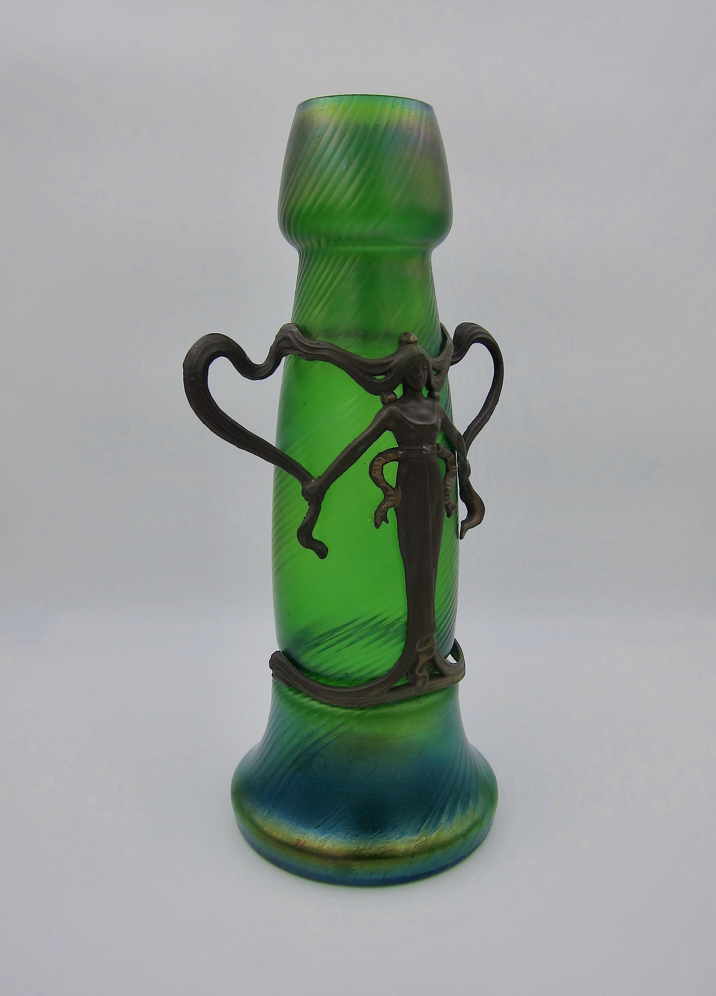 20th Century Large Bohemian Iridescent Green Art Glass Vase with Art Nouveau Metal Mounts