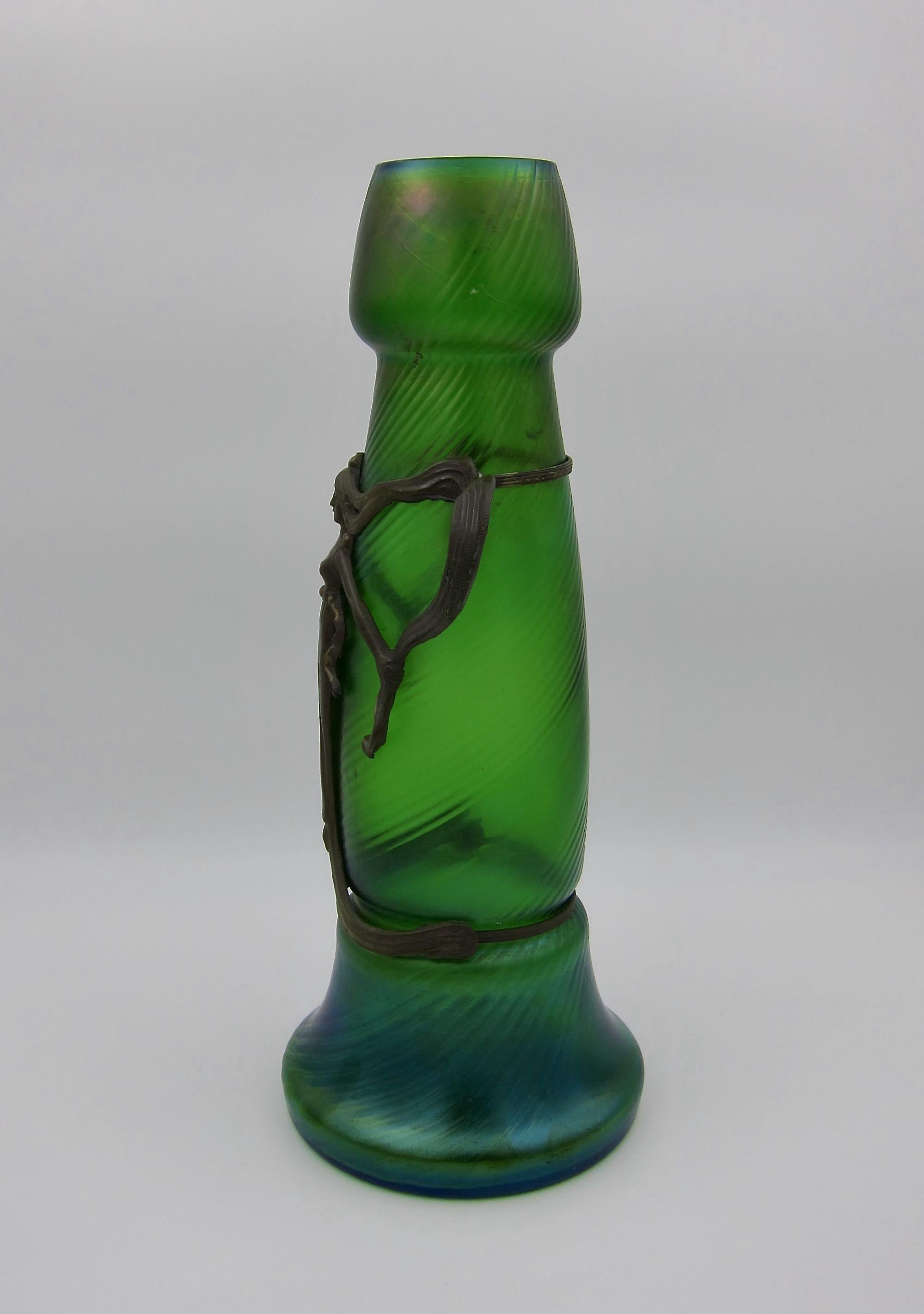 Large Bohemian Iridescent Green Art Glass Vase with Art Nouveau Metal Mounts 1