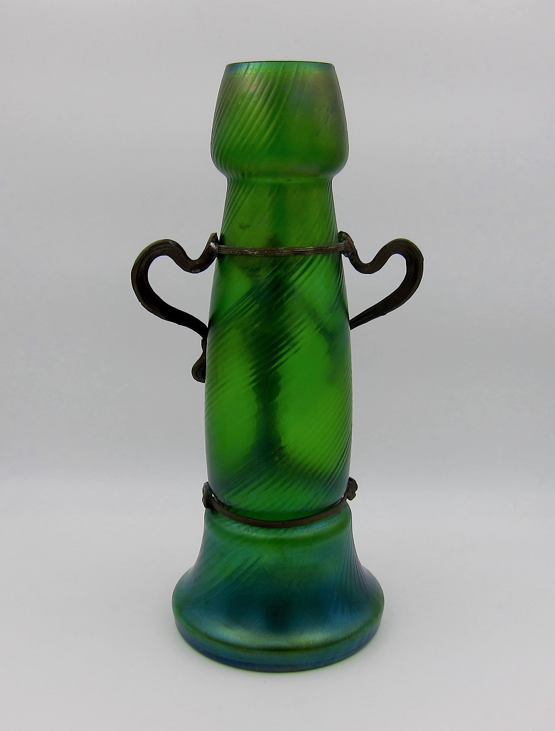 Large Bohemian Iridescent Green Art Glass Vase with Art Nouveau Metal Mounts 2