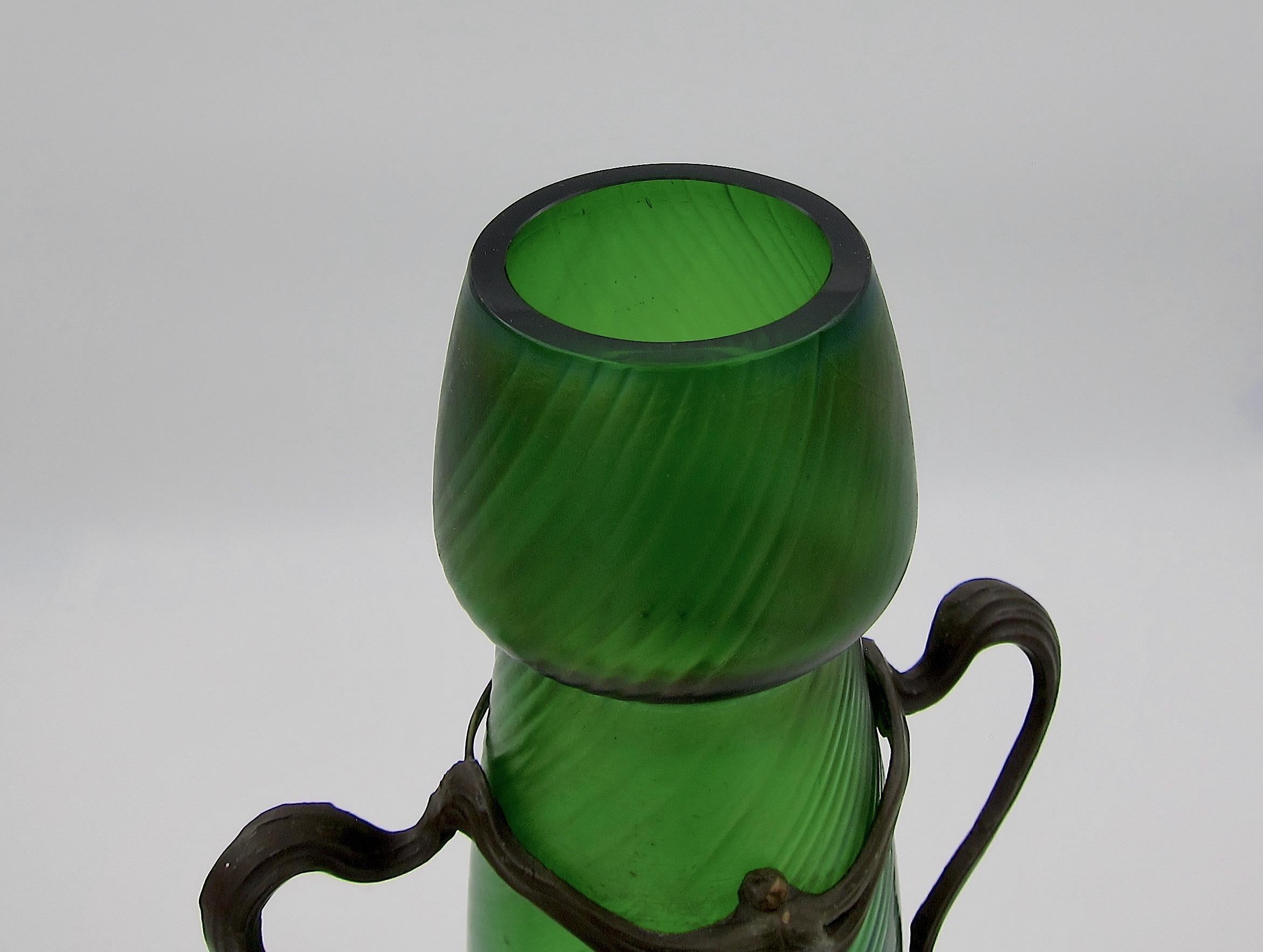 Large Bohemian Iridescent Green Art Glass Vase with Art Nouveau Metal Mounts 3