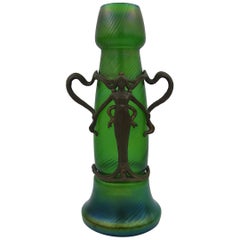Large Bohemian Iridescent Green Art Glass Vase with Art Nouveau Metal Mounts