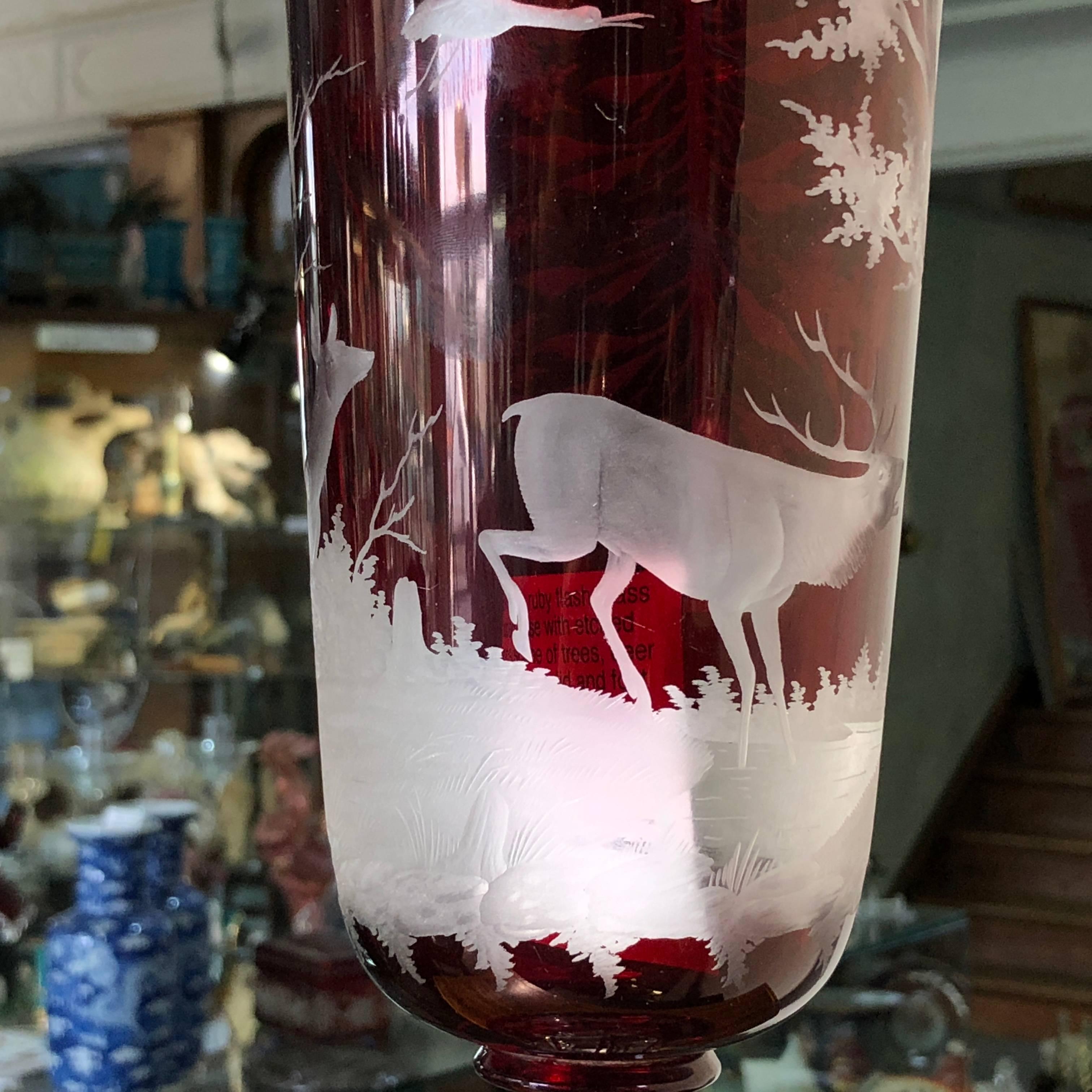 Large Bohemian Ruby Covered Goblet Engraved with Deer and Bird, circa 1880 In Good Condition In Geelong, Victoria