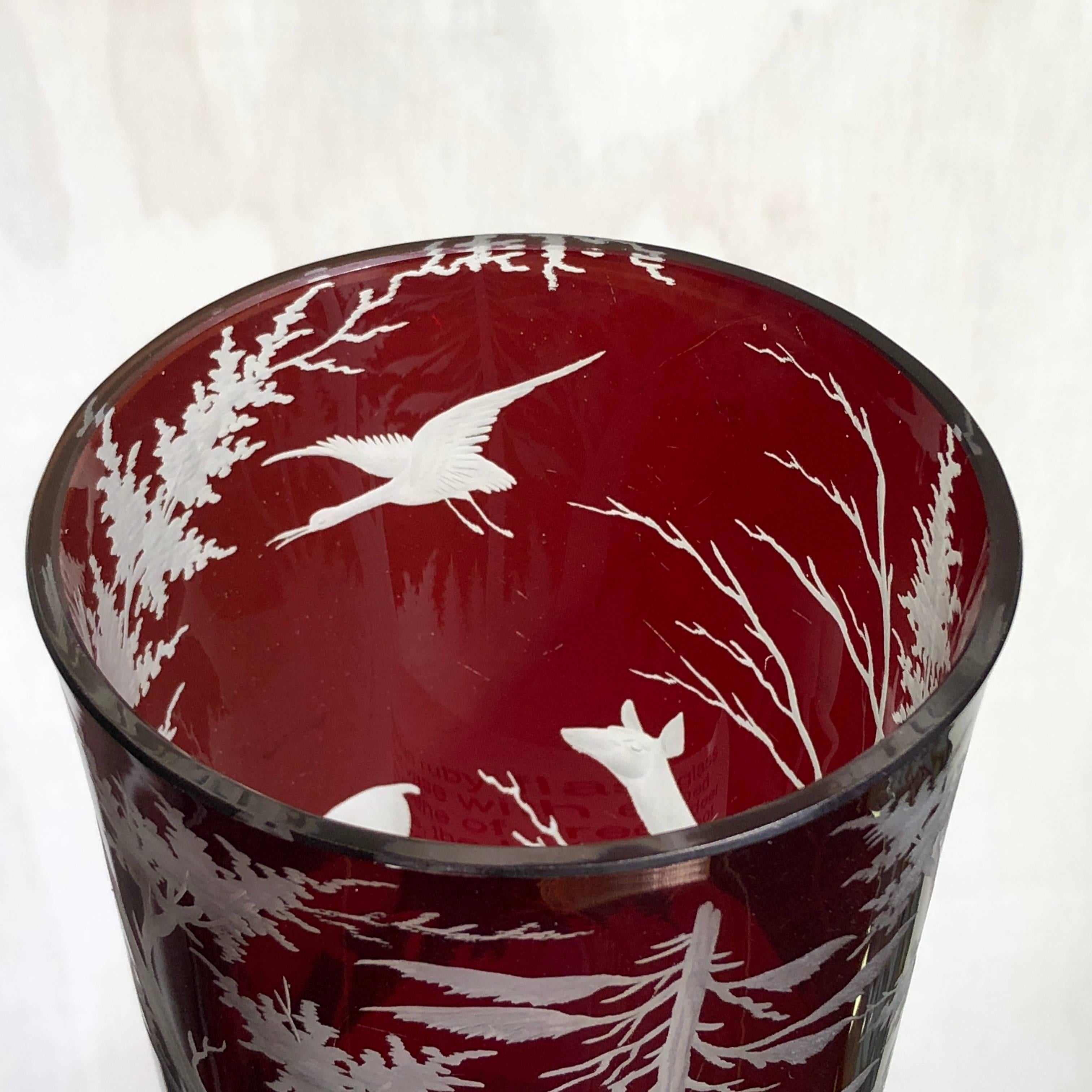 Large Bohemian Ruby Covered Goblet Engraved with Deer and Bird, circa 1880 1