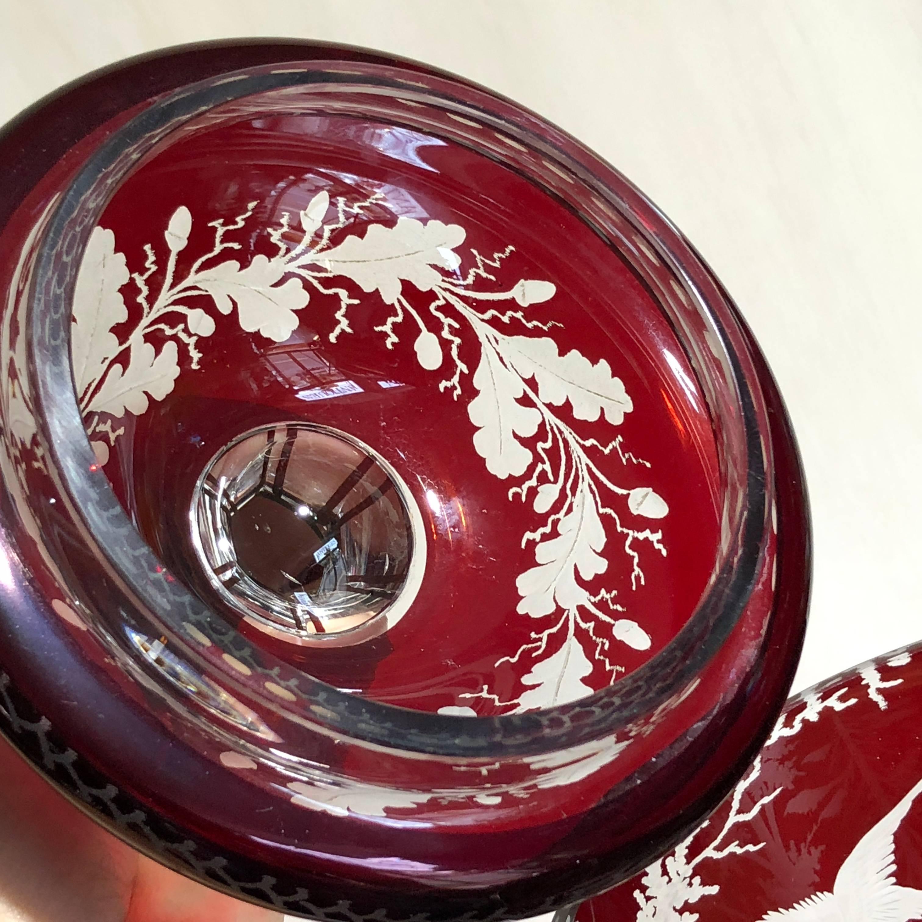 Large Bohemian Ruby Covered Goblet Engraved with Deer and Bird, circa 1880 2