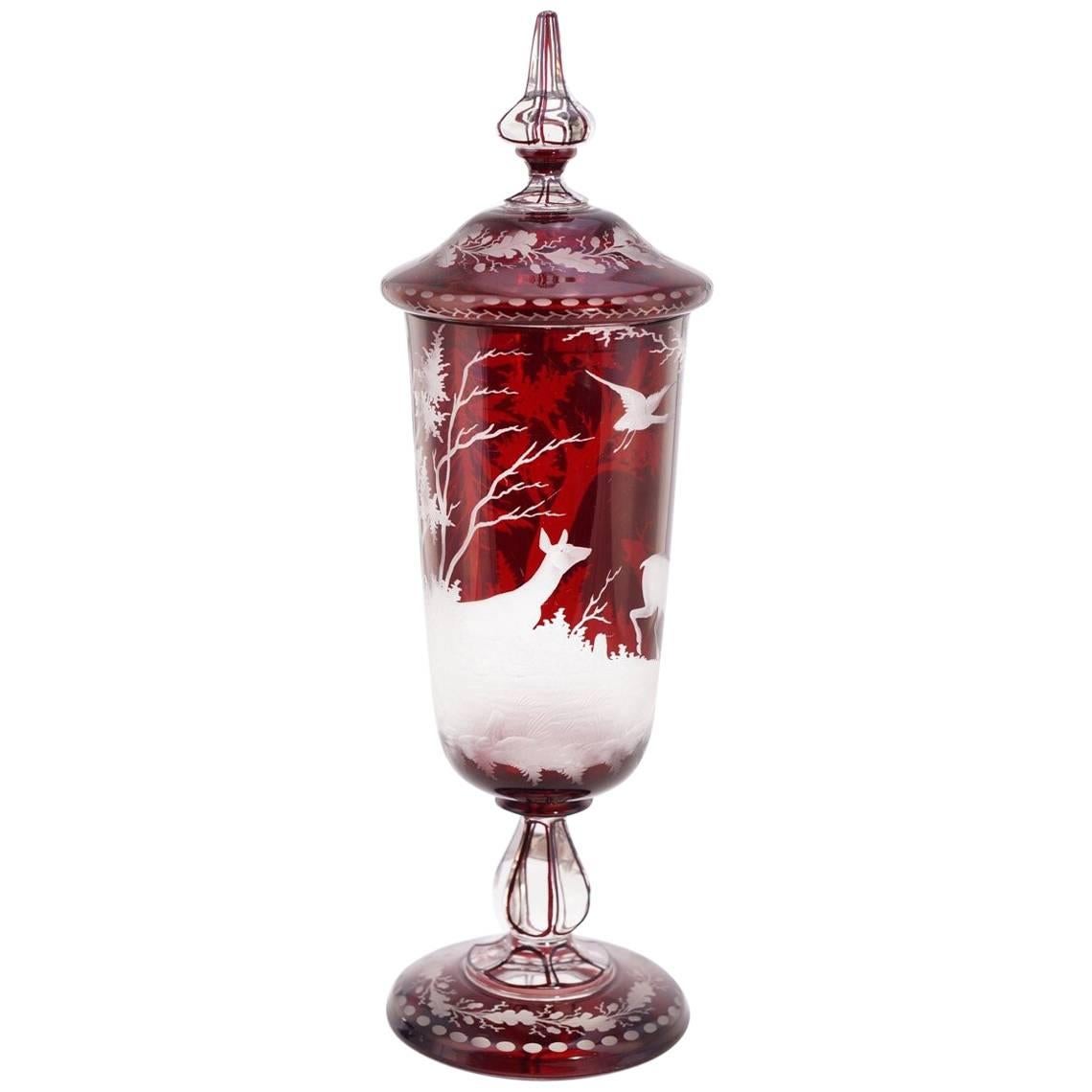 Large Bohemian Ruby Covered Goblet Engraved with Deer and Bird, circa 1880