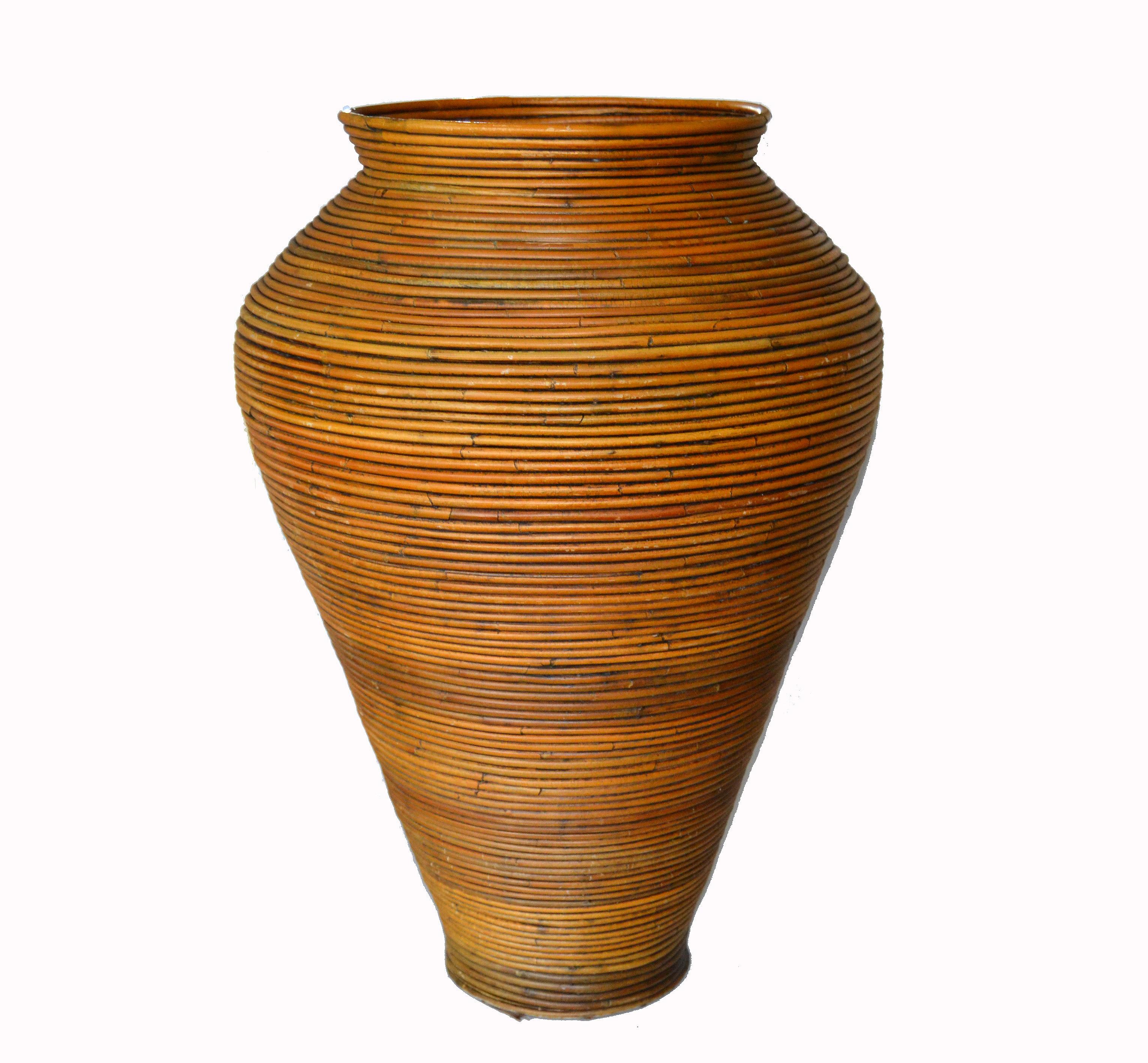 Large Bohemian Tan Pencil Reed Bamboo Handcrafted Tall Cone Shape Floor Vase 3