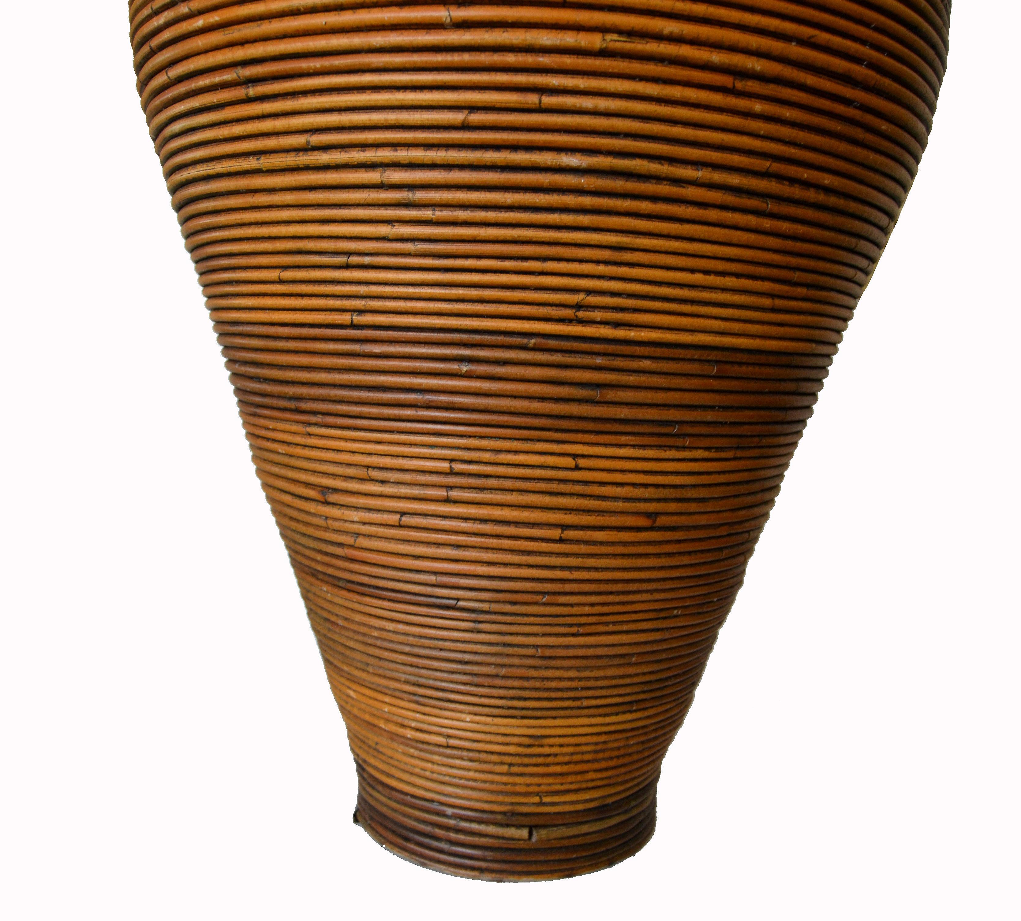 20th Century Large Bohemian Tan Pencil Reed Bamboo Handcrafted Tall Cone Shape Floor Vase