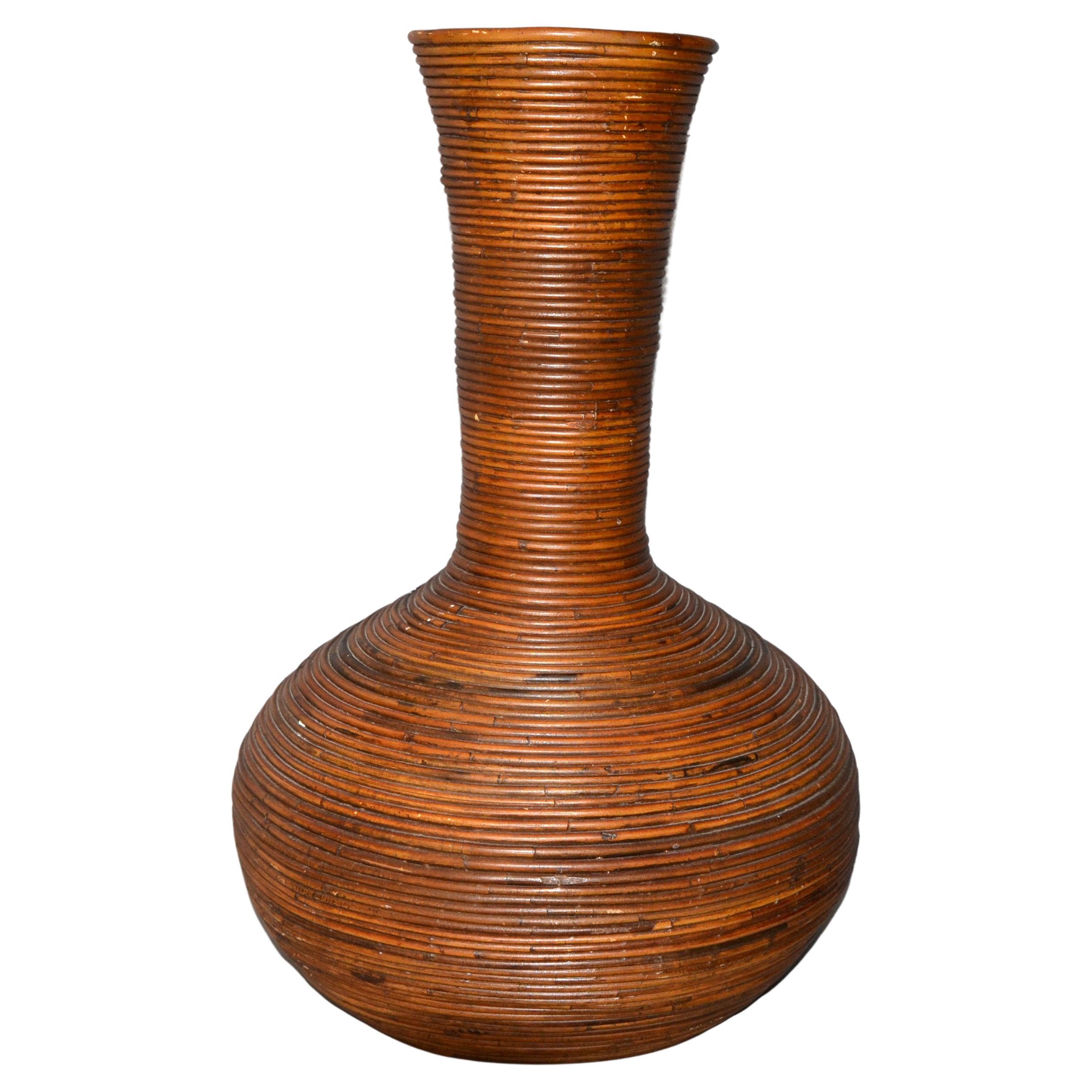 Large Bohemian Tan Pencil Reed Bamboo Handcrafted Tall Round Shape Floor Vase For Sale