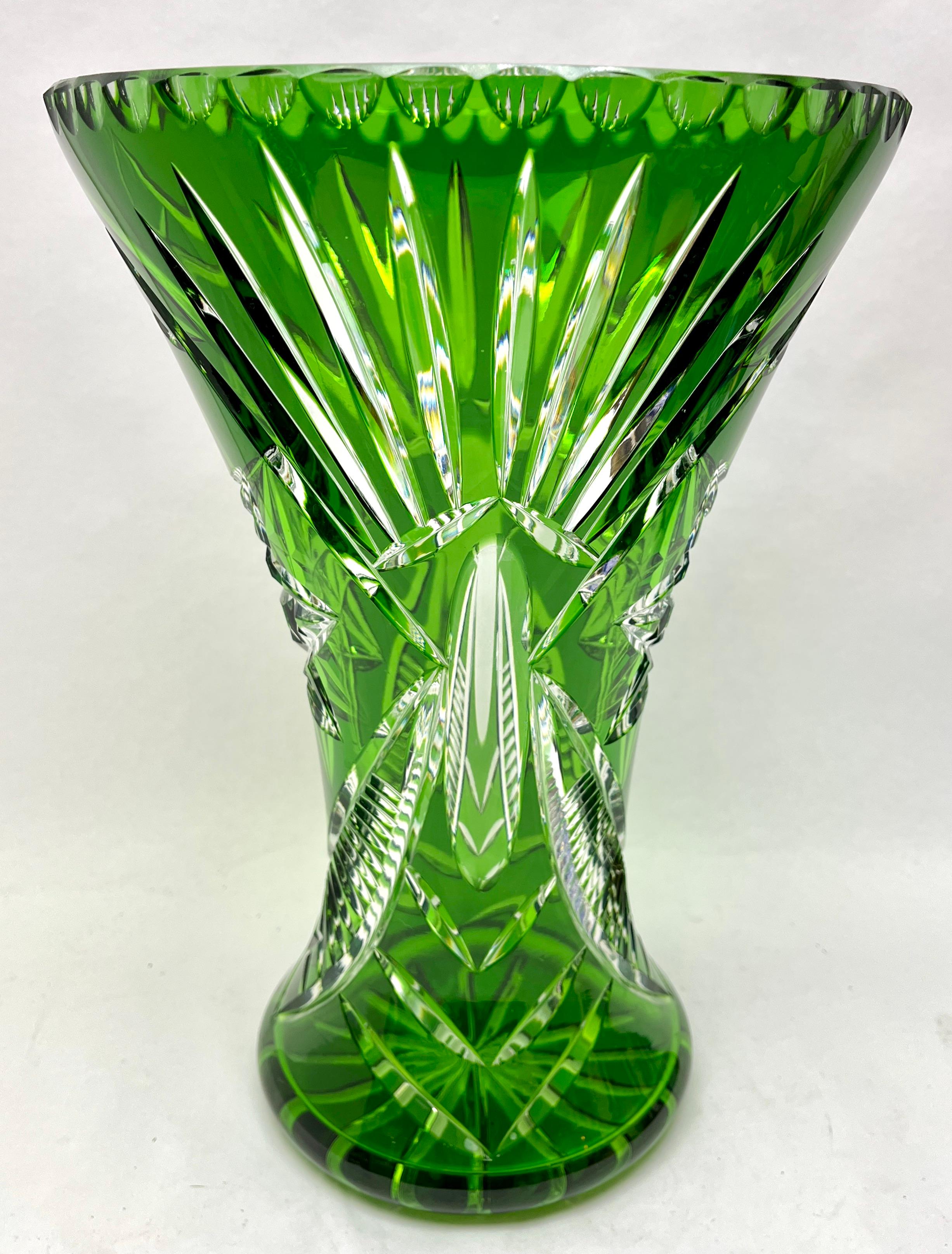 Large Bohemian Vase, Bright Green Crystal Cut-to-clear For Sale 4