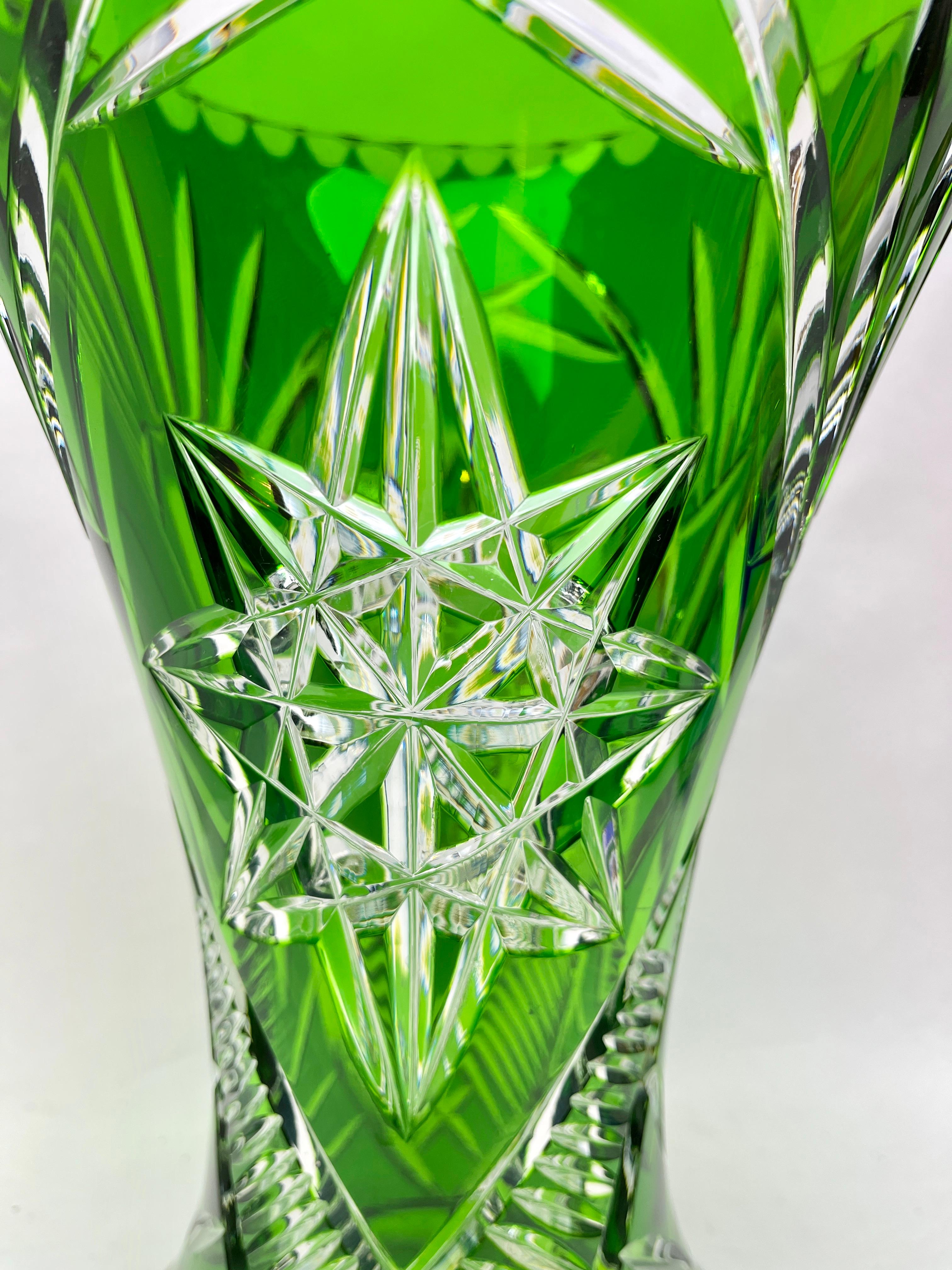 Czech Large Bohemian Vase, Bright Green Crystal Cut-to-clear For Sale